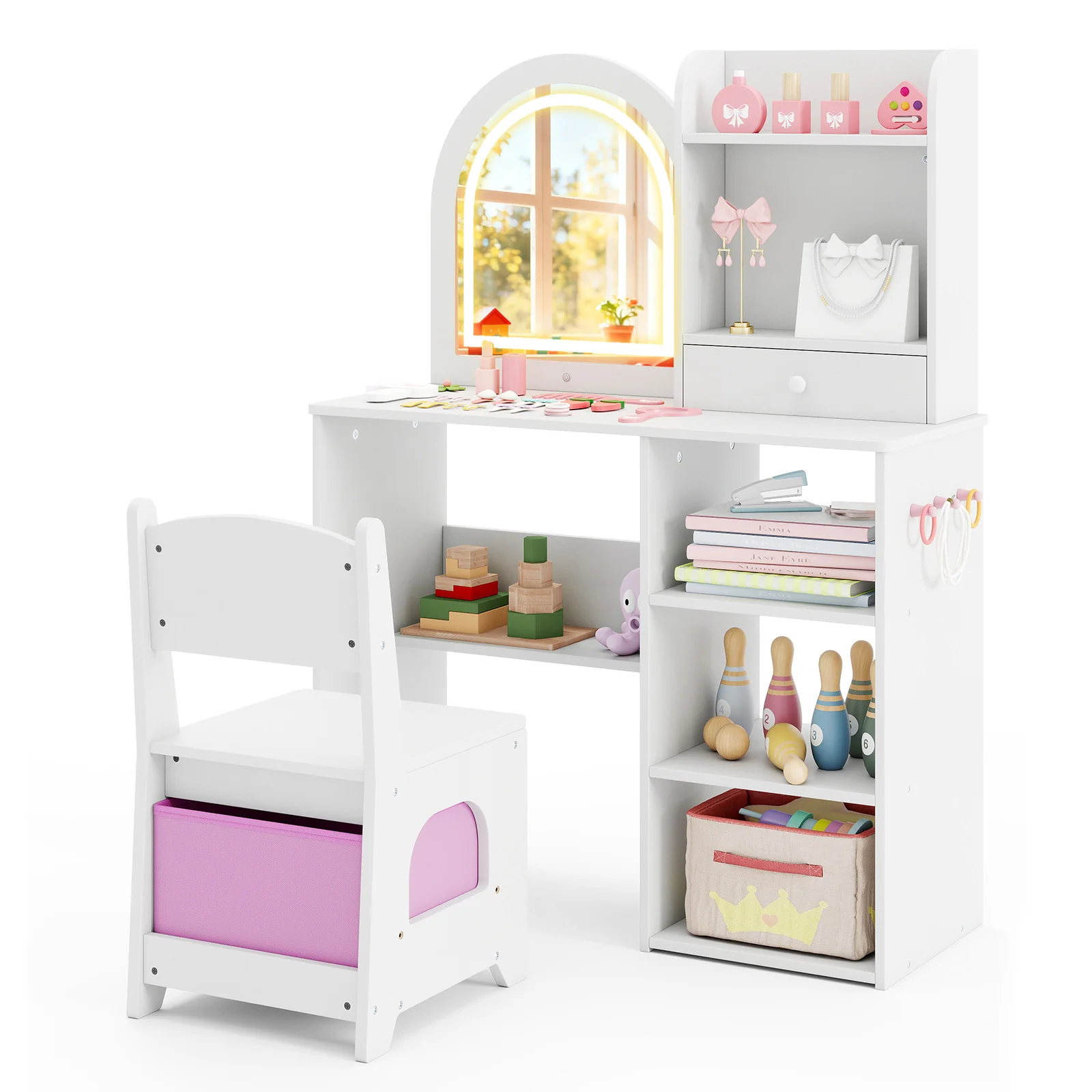 Kids Vanity Set Princess Girls Makeup Vanity Desk with Chair and 3-Color LED Lighted Mirror, White - Image 5