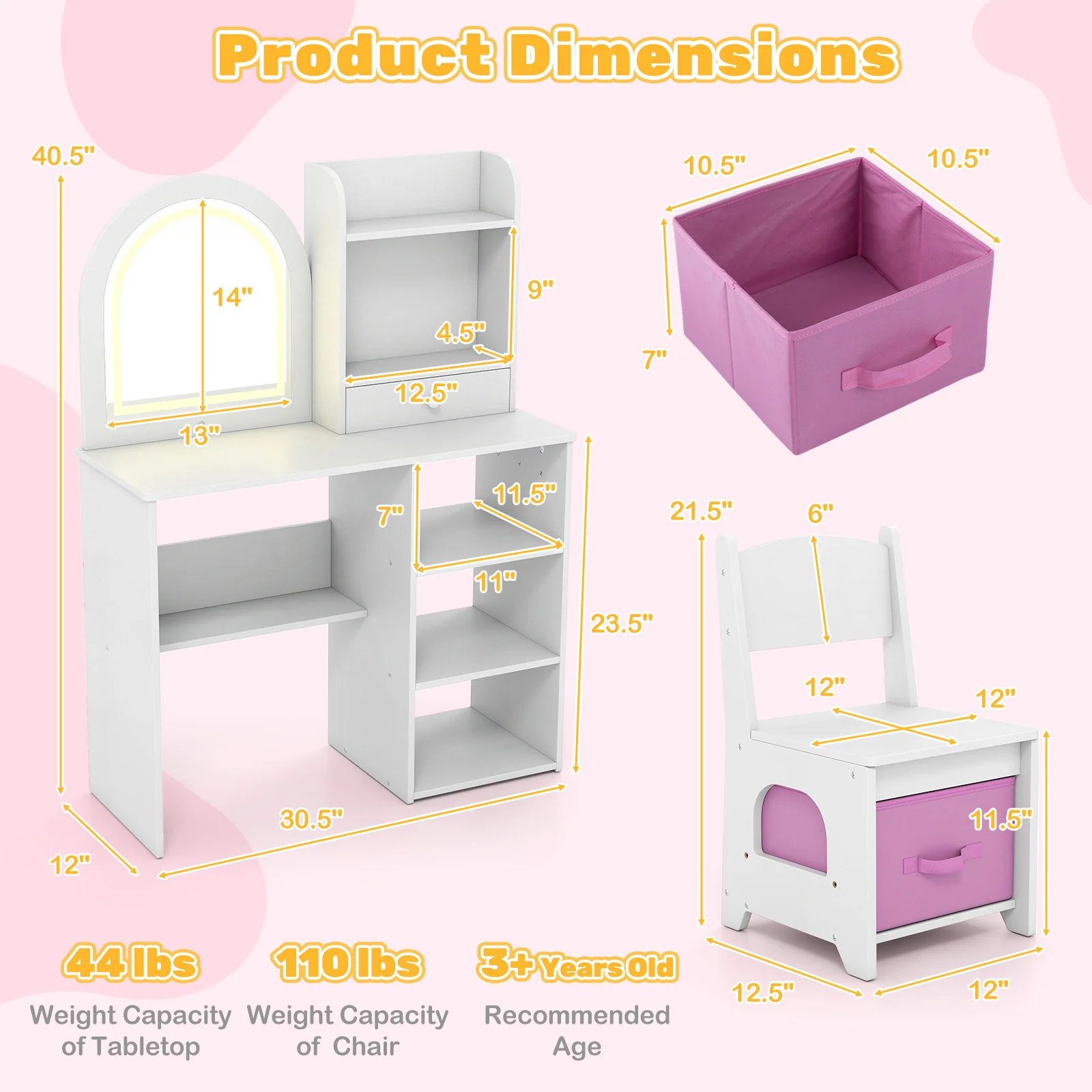 Kids Vanity Set Princess Girls Makeup Vanity Desk with Chair and 3-Color LED Lighted Mirror, White - Image 6