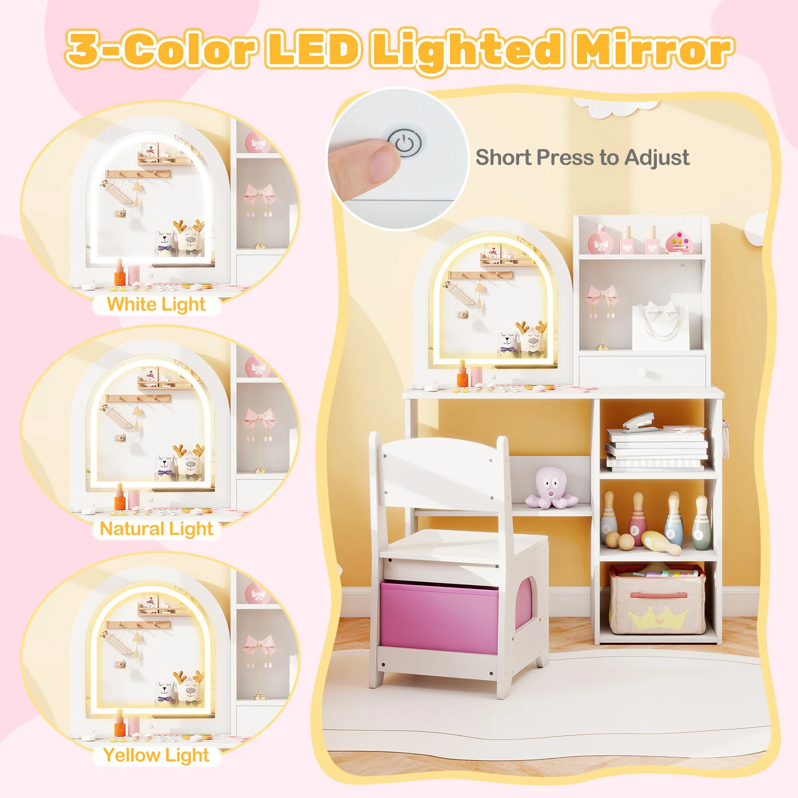 Kids Vanity Set Princess Girls Makeup Vanity Desk with Chair and 3-Color LED Lighted Mirror, White - Image 7