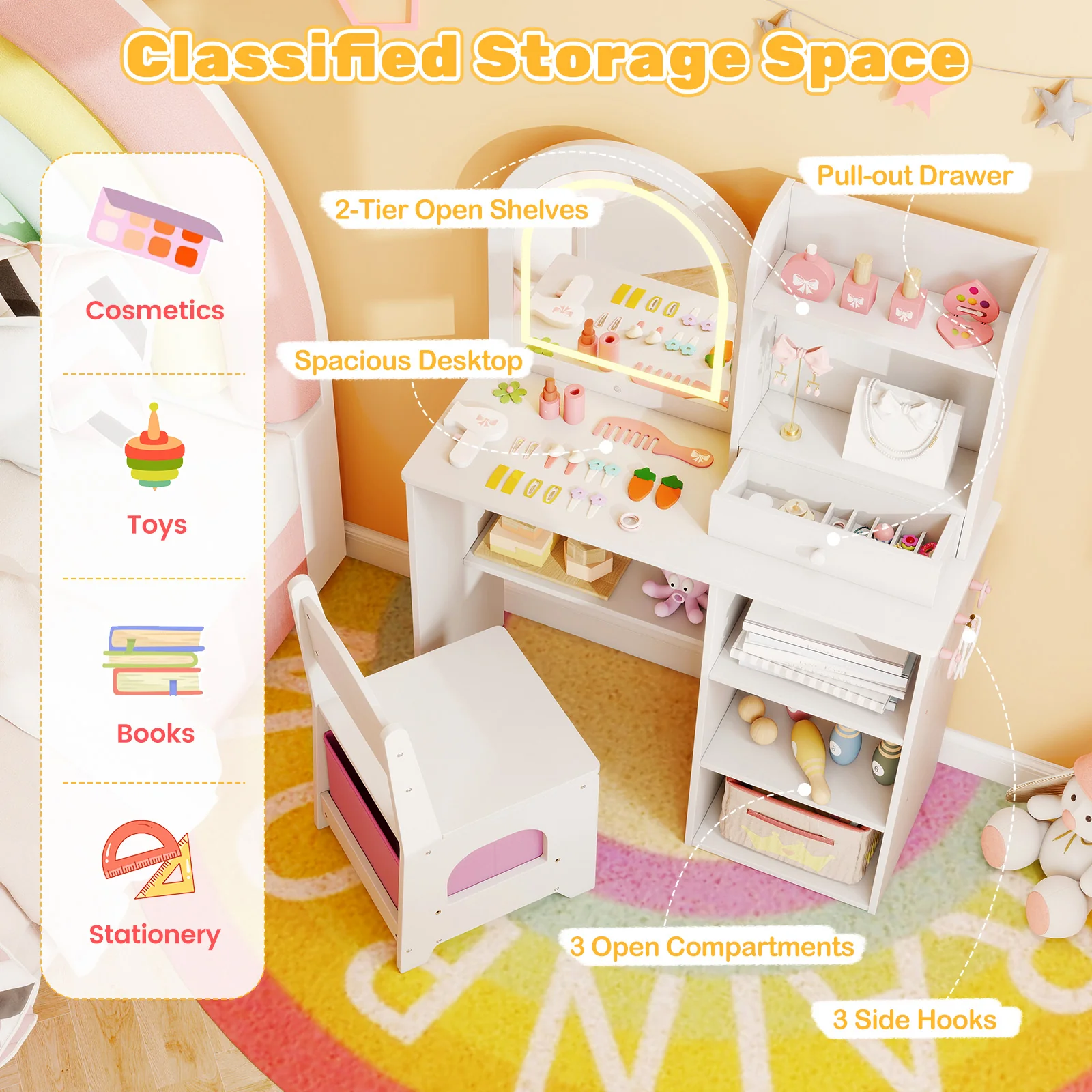 Kids Vanity Set Princess Girls Makeup Vanity Desk with Chair and 3-Color LED Lighted Mirror, White - Image 8