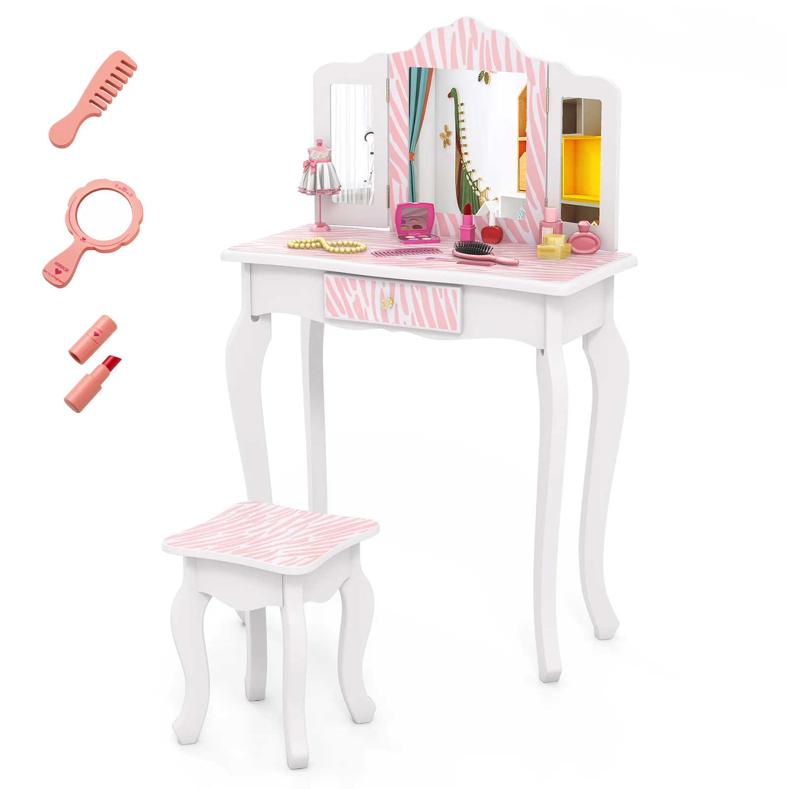 Kids Vanity Set With Drawer, 3 Makeup Accessories, Pink - Image 5