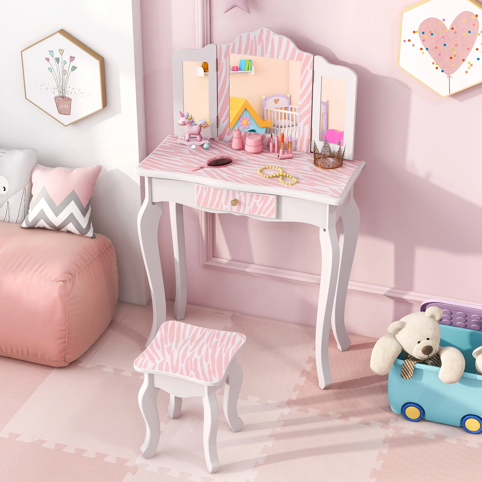 Kids Vanity Set With Drawer, 3 Makeup Accessories, Pink - Image 7