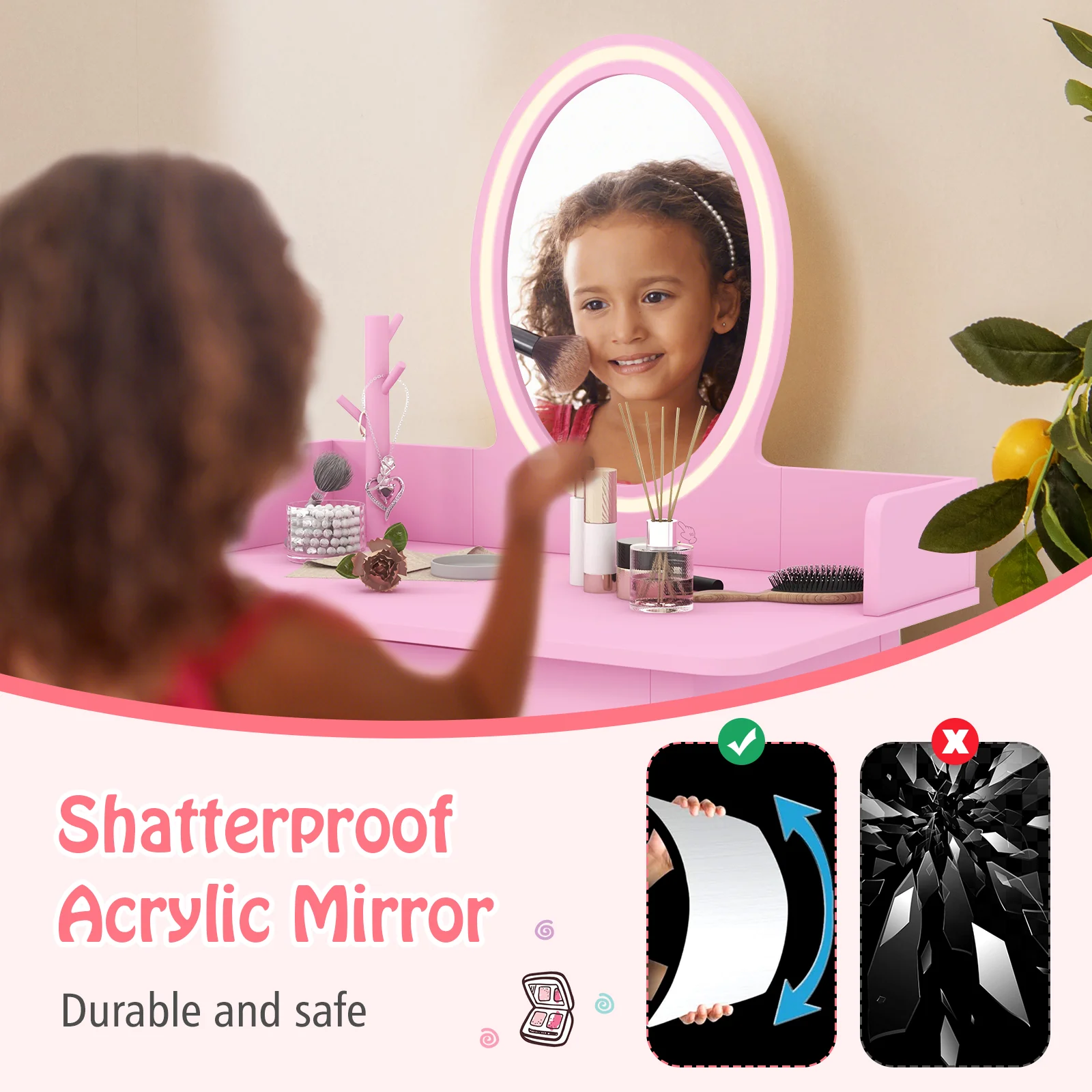 Kids Vanity Set With Lighted Mirror, Pink - Image 10