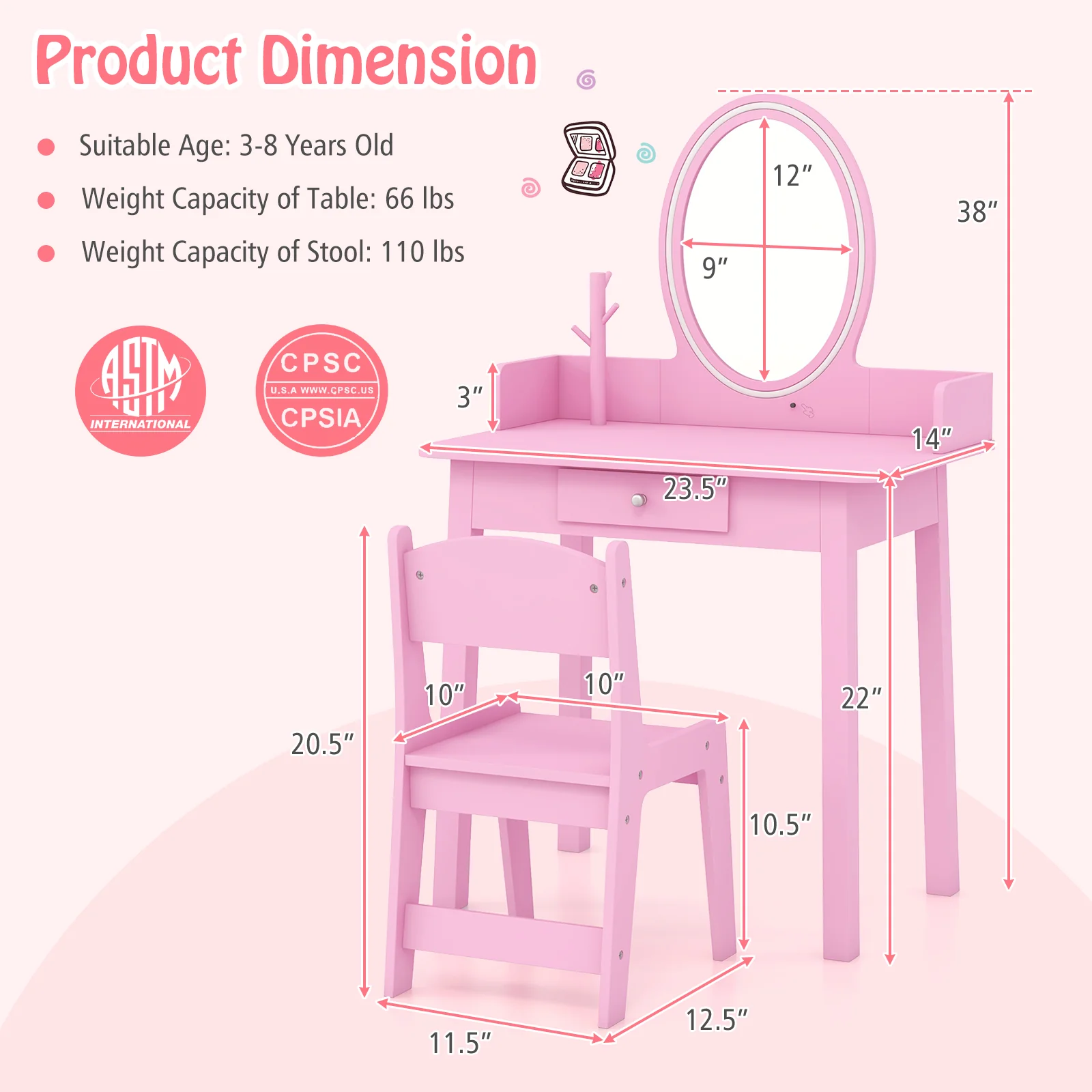 Kids Vanity Set With Lighted Mirror, Pink - Image 5