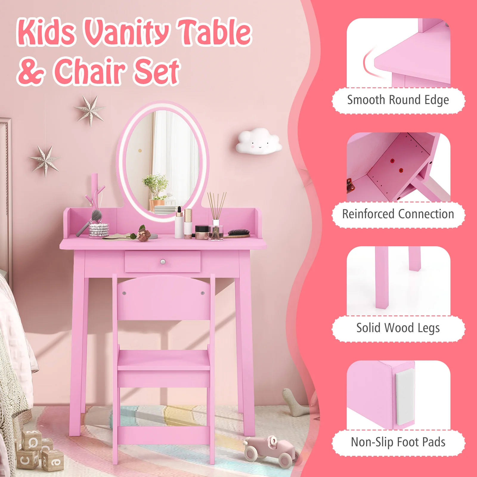 Kids Vanity Set With Lighted Mirror, Pink - Image 6