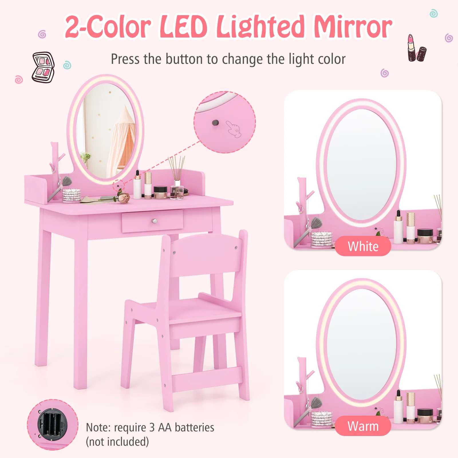 Kids Vanity Set With Lighted Mirror, Pink - Image 7