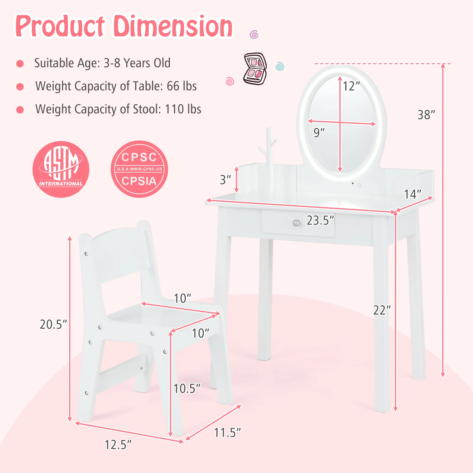Kids Vanity Set With Lighted Mirror, White - Image 5