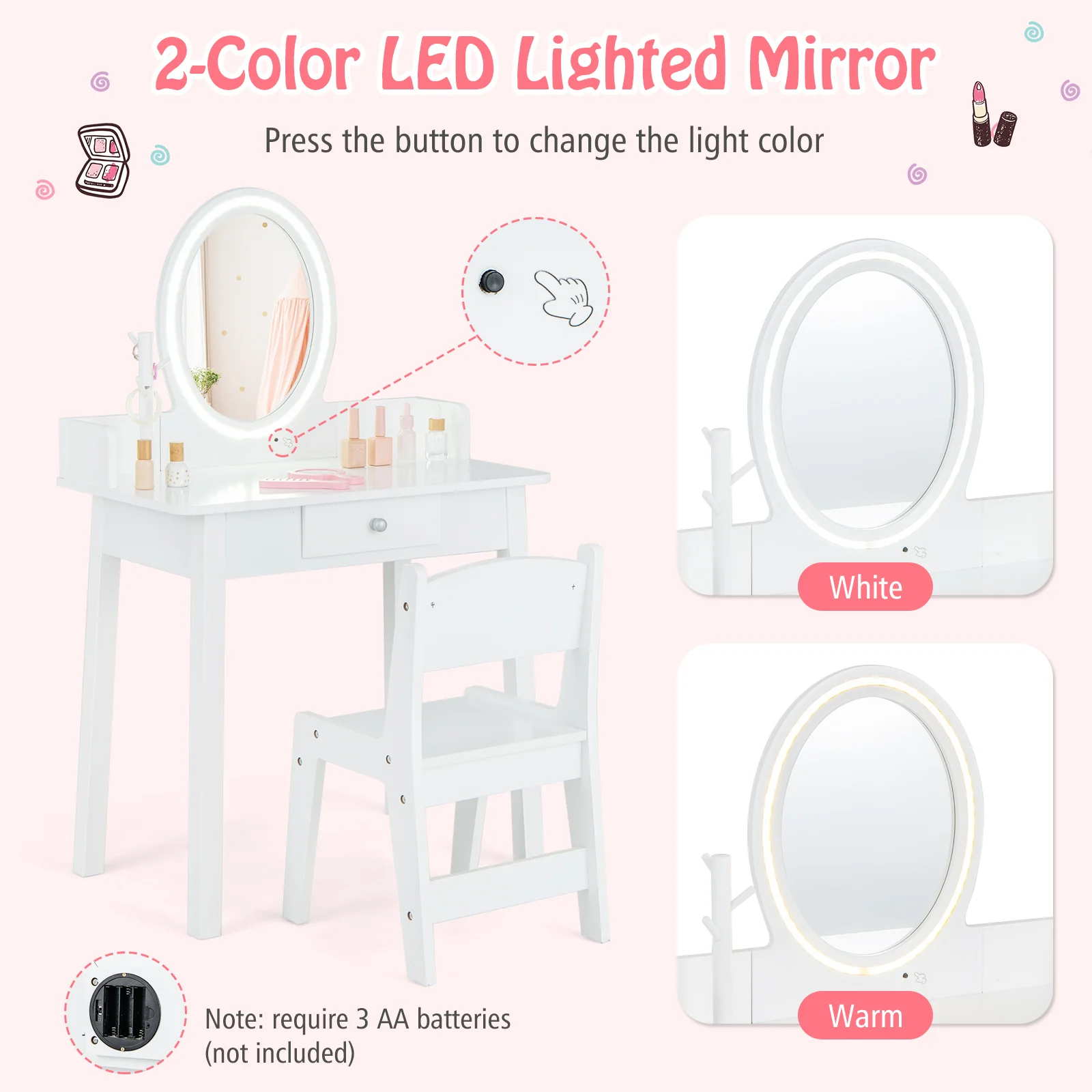 Kids Vanity Set With Lighted Mirror, White - Image 7