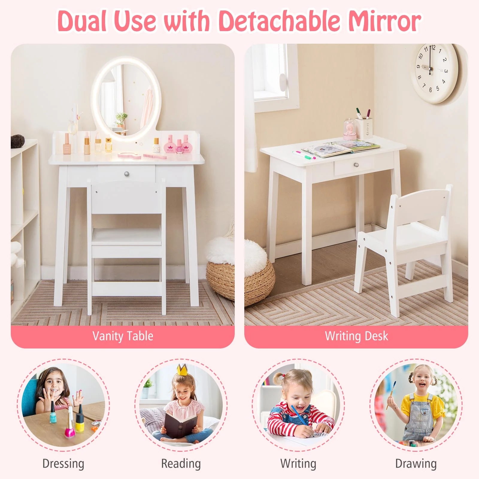 Kids Vanity Set With Lighted Mirror, White - Image 9