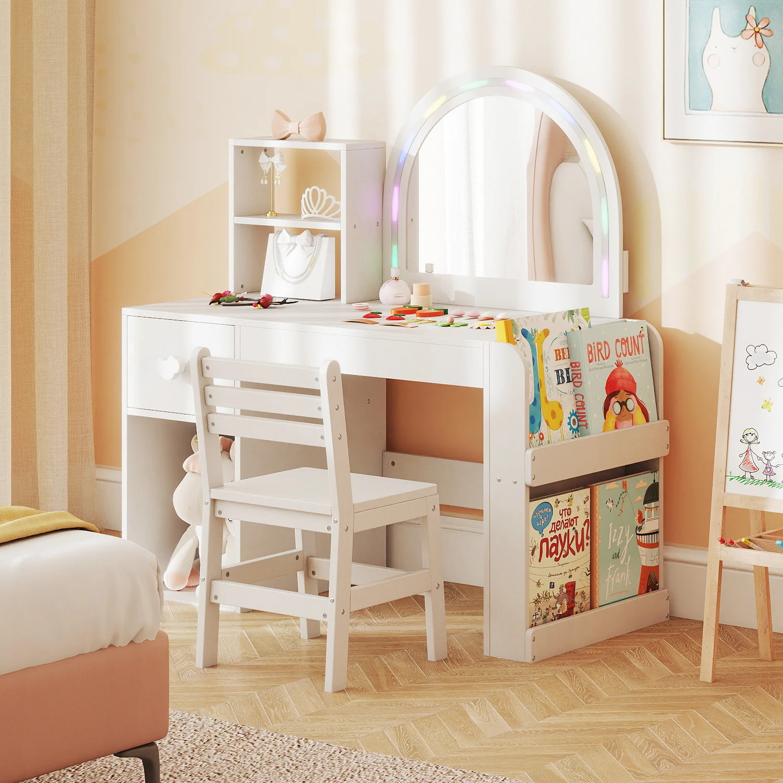 Kids Vanity Table and Chair Set with Lighted Mirror for Kids Aged 3+ Years Old, White - Image 2