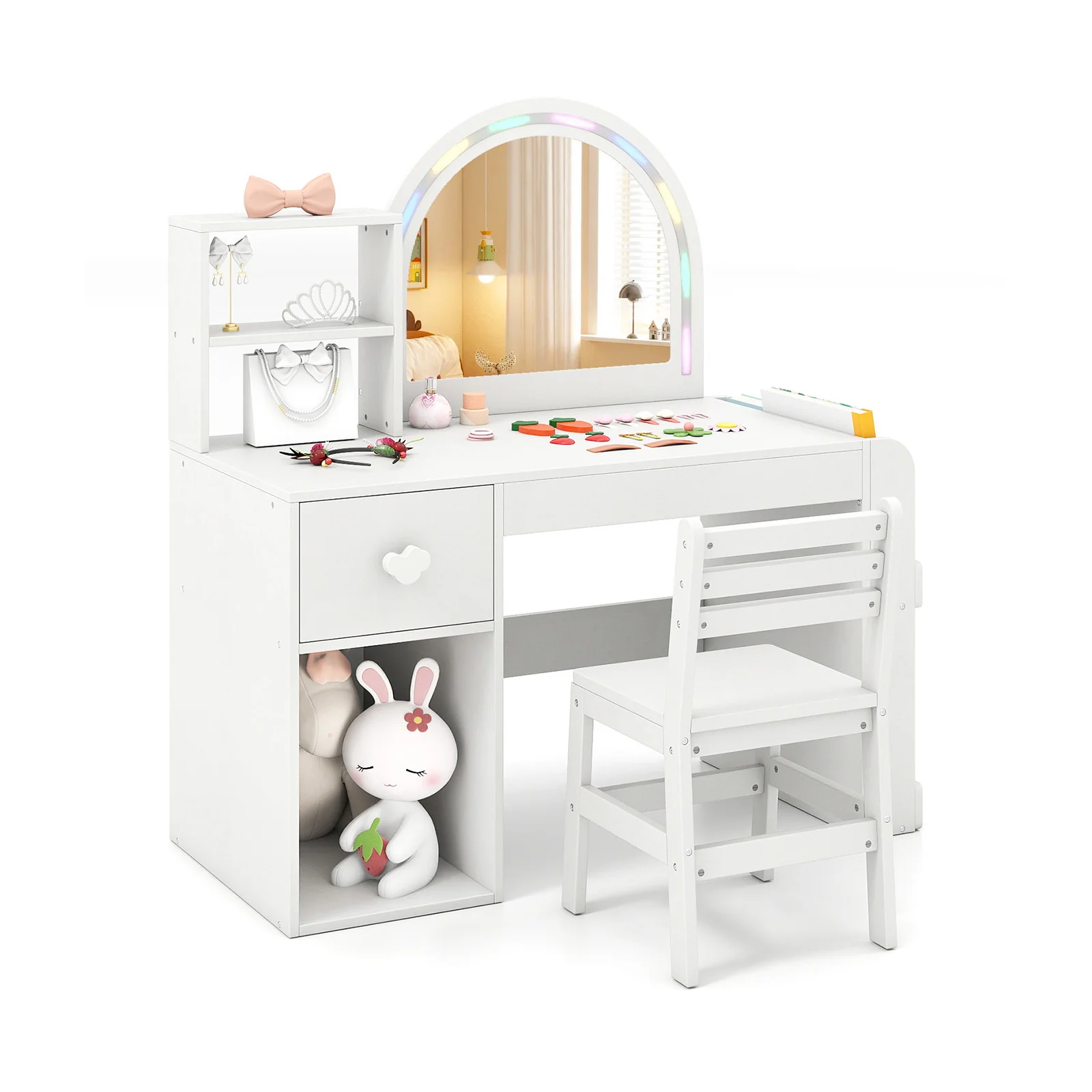 Kids Vanity Table and Chair Set with Lighted Mirror for Kids Aged 3+ Years Old, White - Image 4