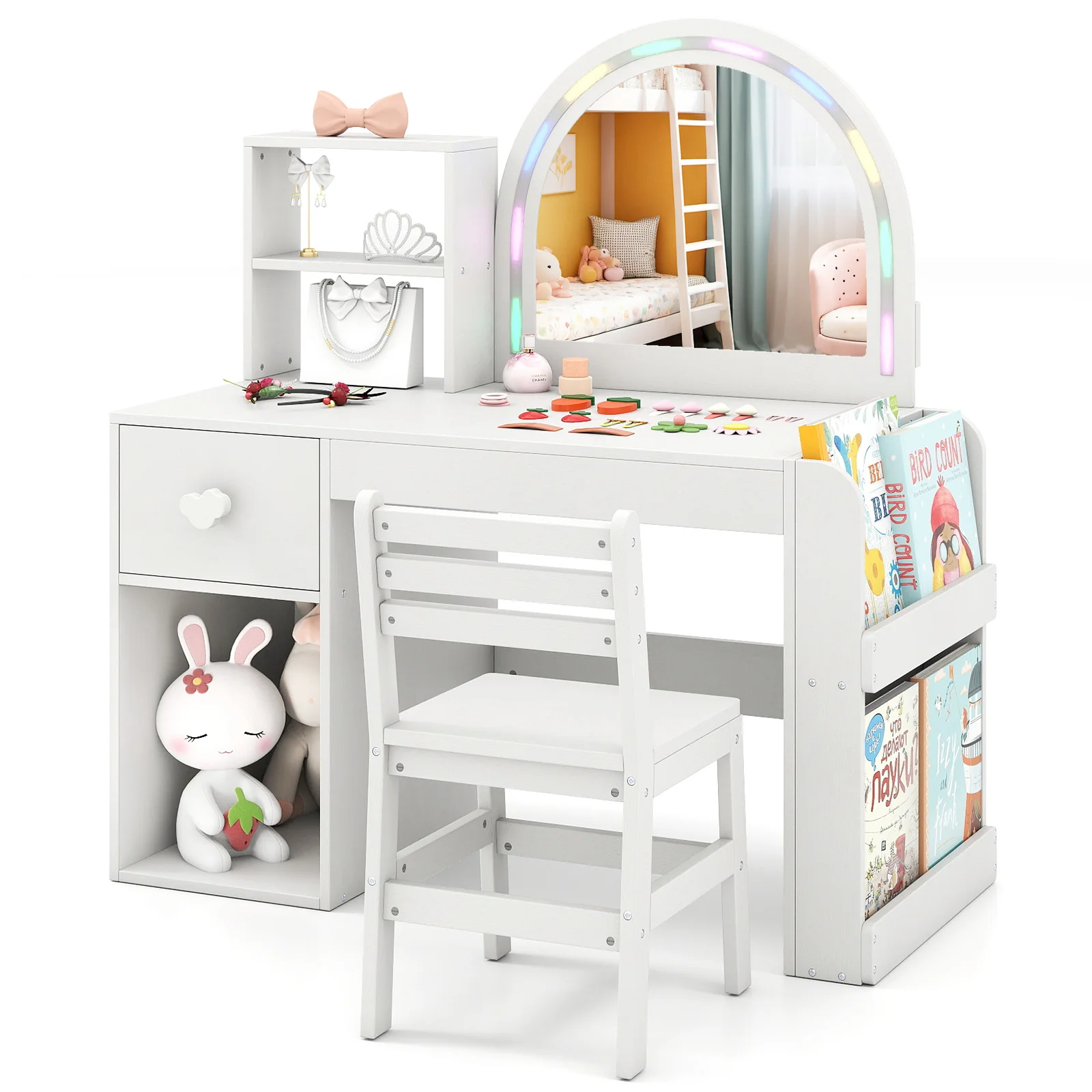 Kids Vanity Table and Chair Set with Lighted Mirror for Kids Aged 3+ Years Old, White - Image 5