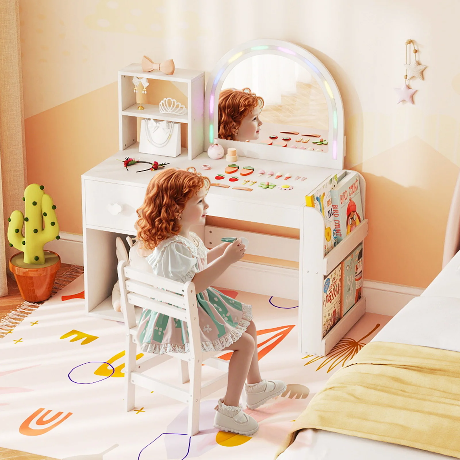 Kids Vanity Table and Chair Set with Lighted Mirror for Kids Aged 3+ Years Old, White - Image 8