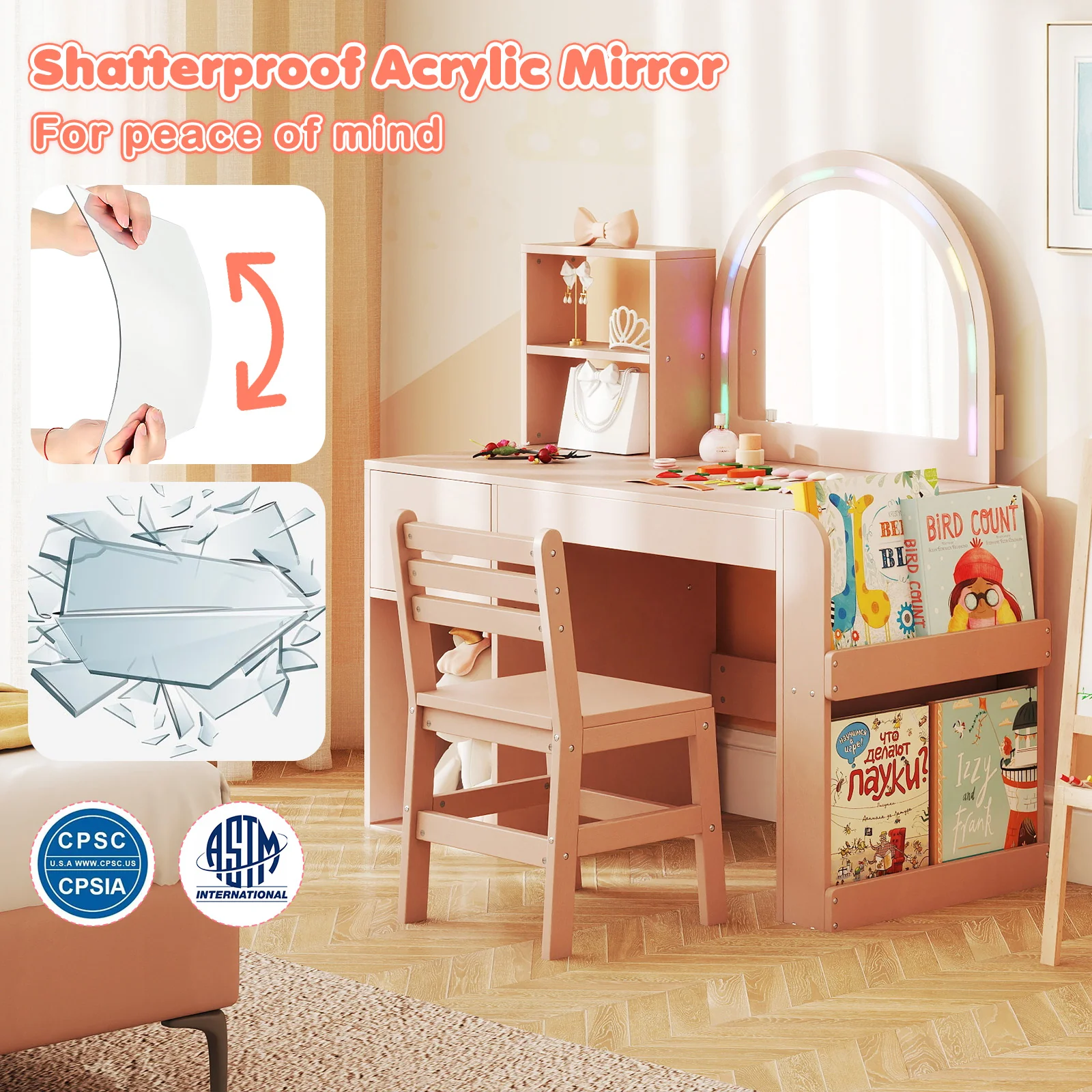 Kids Vanity Table And Chair Set With Lighted Mirror, Pink - Image 10