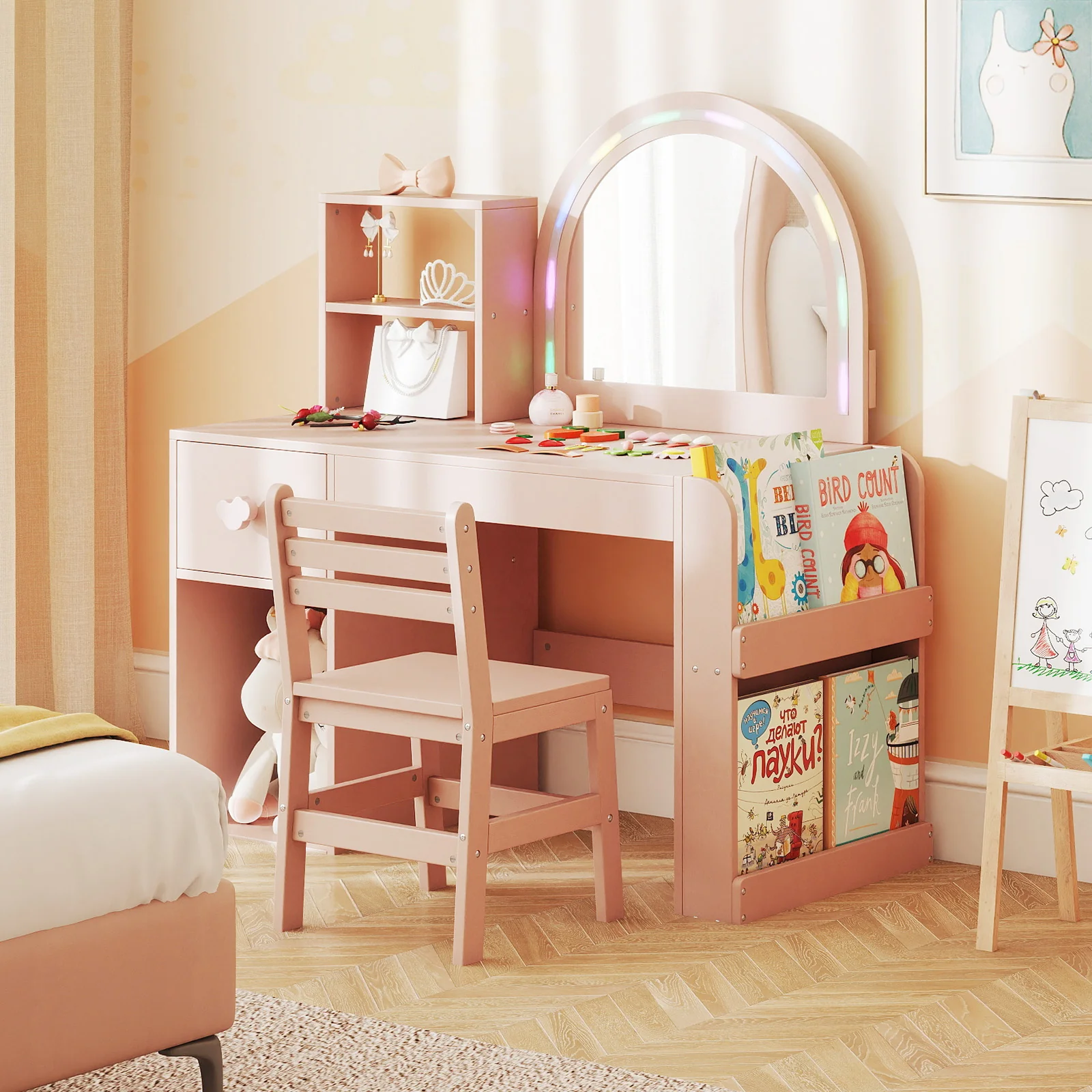 Kids Vanity Table And Chair Set With Lighted Mirror, Pink - Image 2