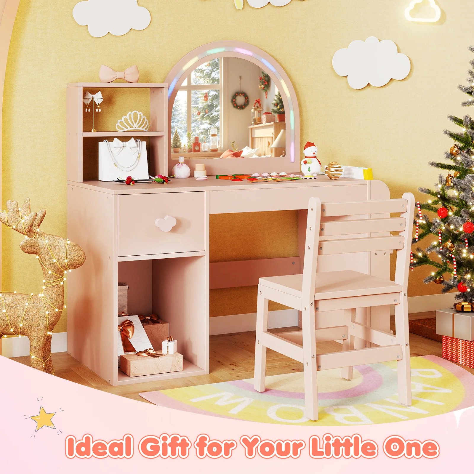 Kids Vanity Table And Chair Set With Lighted Mirror, Pink - Image 3