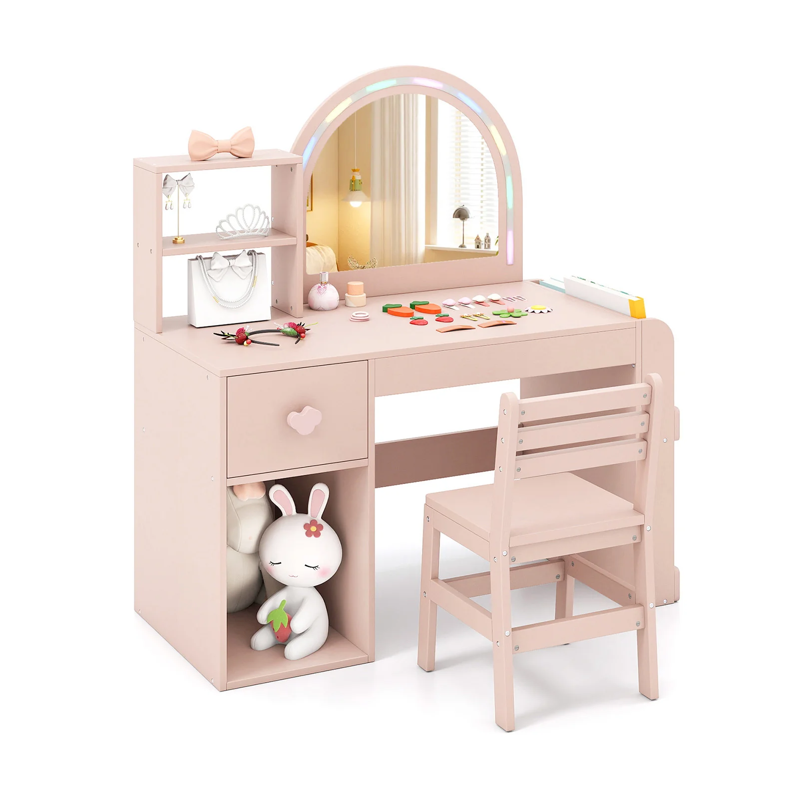 Kids Vanity Table And Chair Set With Lighted Mirror, Pink - Image 4