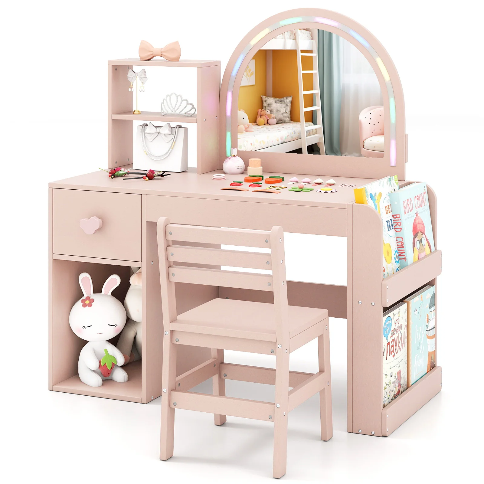 Kids Vanity Table And Chair Set With Lighted Mirror, Pink - Image 5