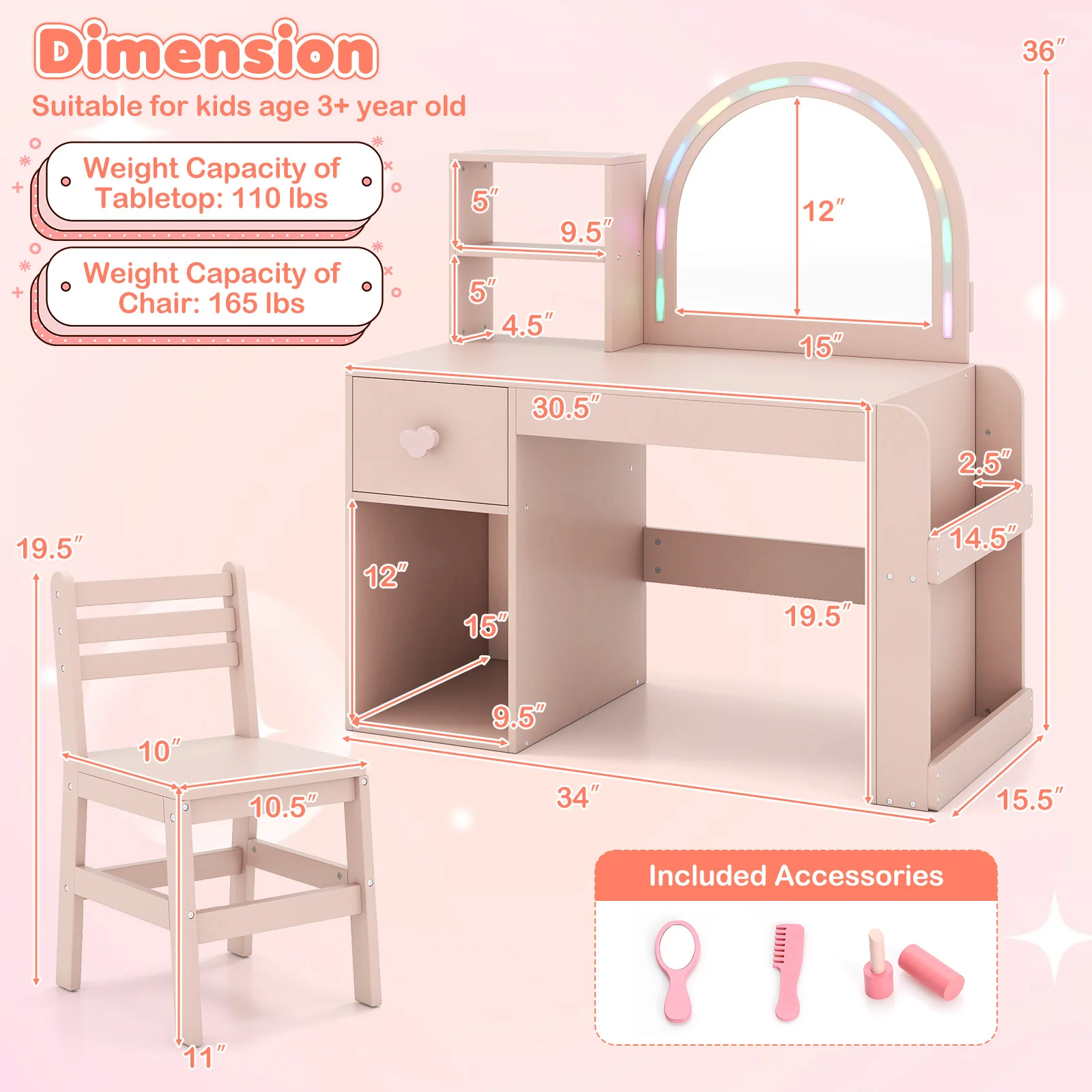 Kids Vanity Table And Chair Set With Lighted Mirror, Pink - Image 6