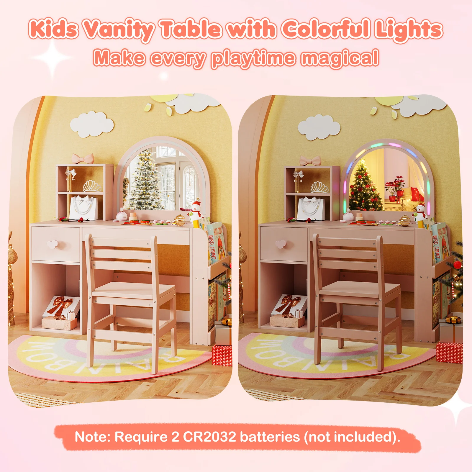 Kids Vanity Table And Chair Set With Lighted Mirror, Pink - Image 8