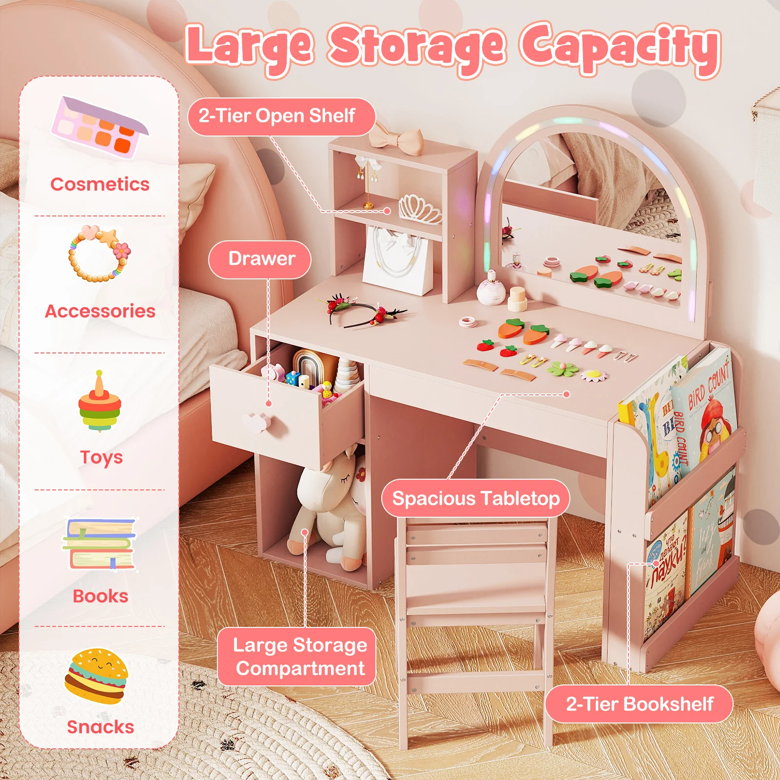Kids Vanity Table And Chair Set With Lighted Mirror, Pink - Image 9