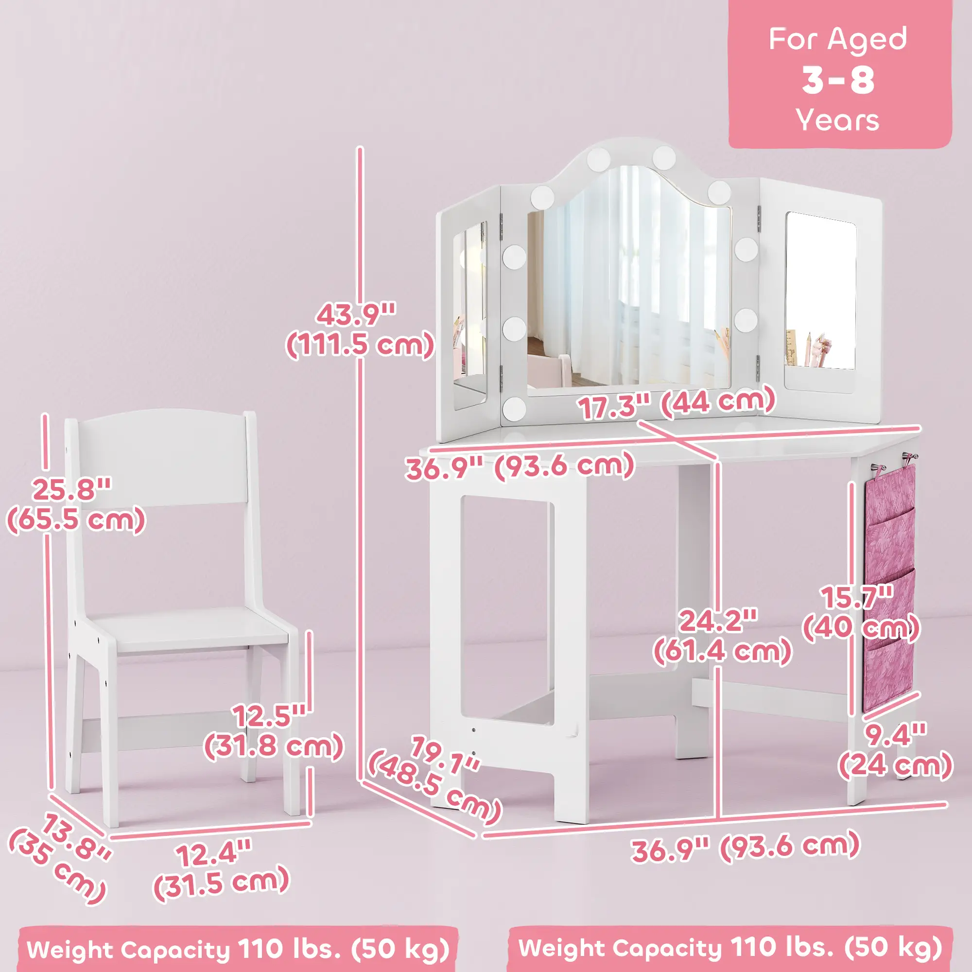 Kids Vanity Table and Chair Set with Lights, Tri-Fold Mirror, White - Image 3