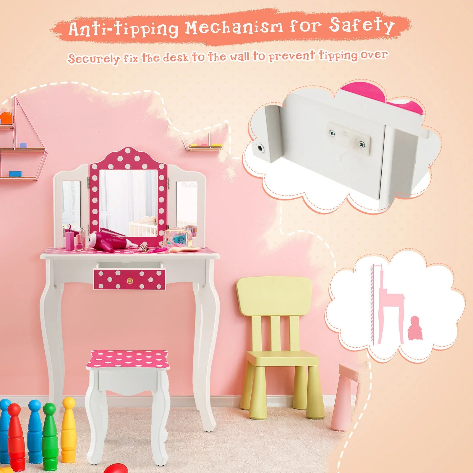 Kids Vanity Table And Stool Set, Polka Dot Print, Pink - Image 10
