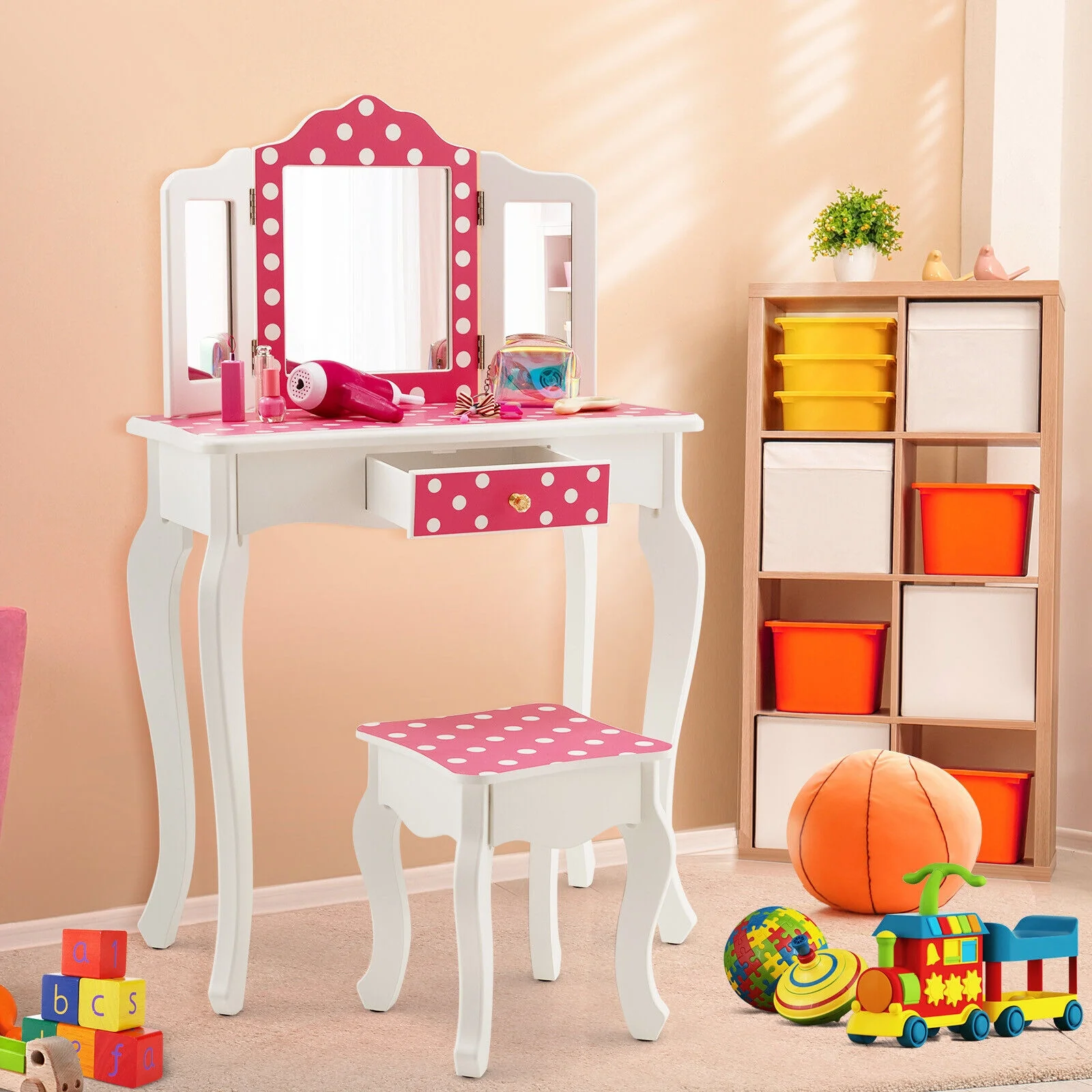 Kids Vanity Table And Stool Set, Polka Dot Print, Pink - Image 2