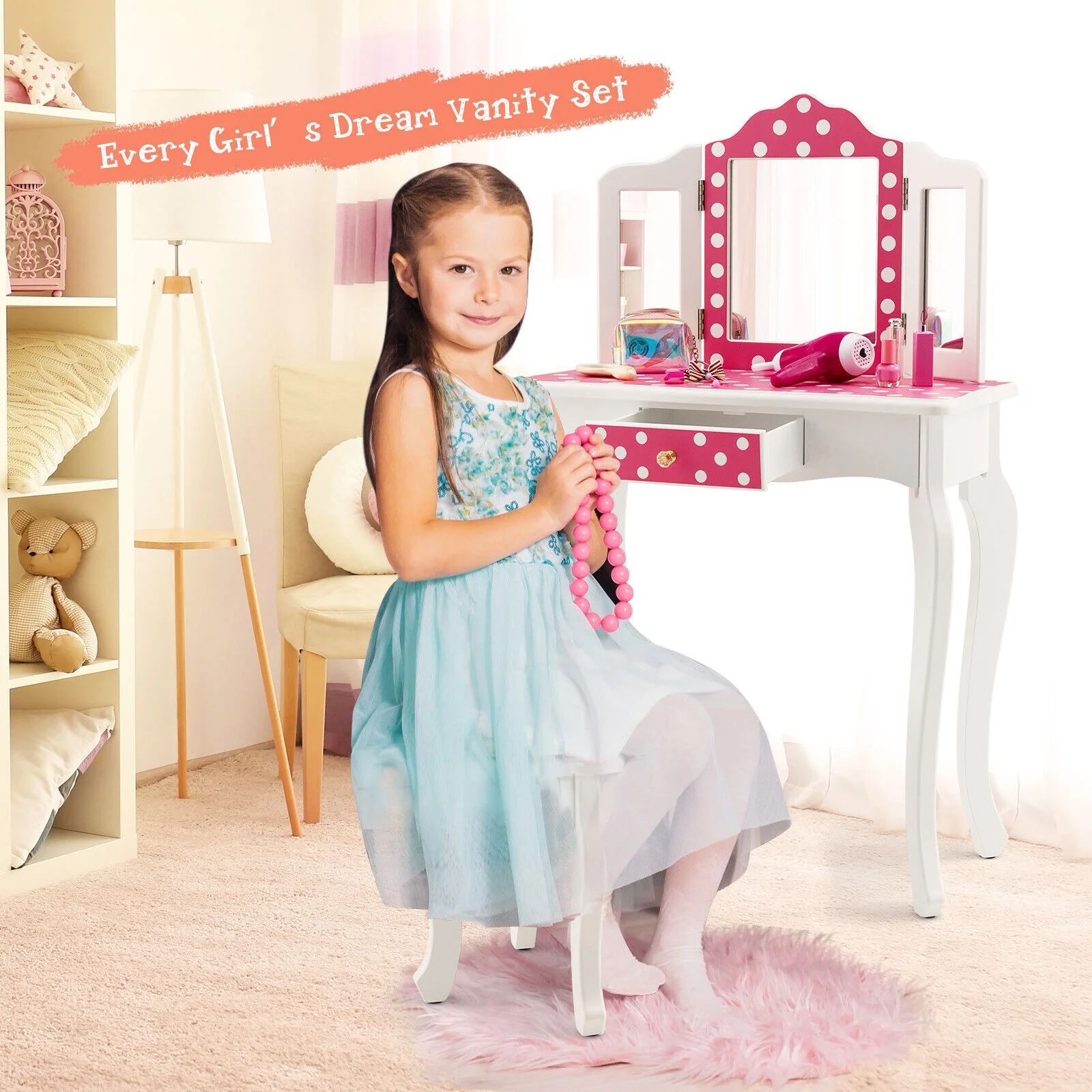 Kids Vanity Table And Stool Set, Polka Dot Print, Pink - Image 3