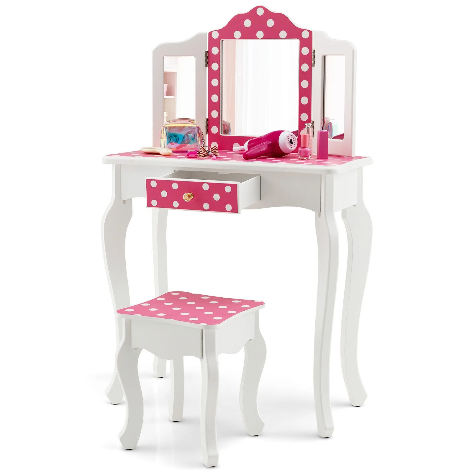 Kids Vanity Table And Stool Set, Polka Dot Print, Pink - Image 4
