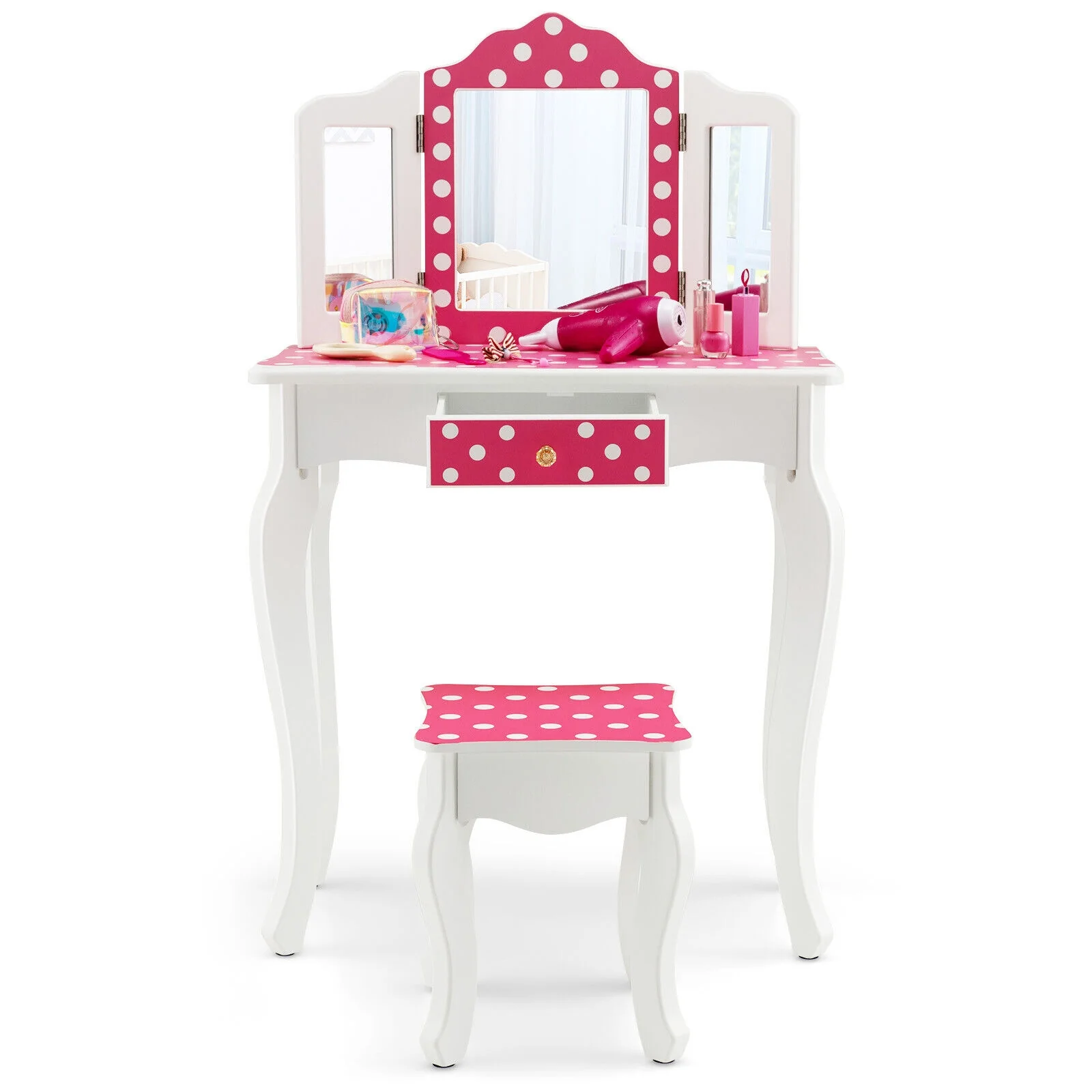 Kids Vanity Table And Stool Set, Polka Dot Print, Pink - Image 5