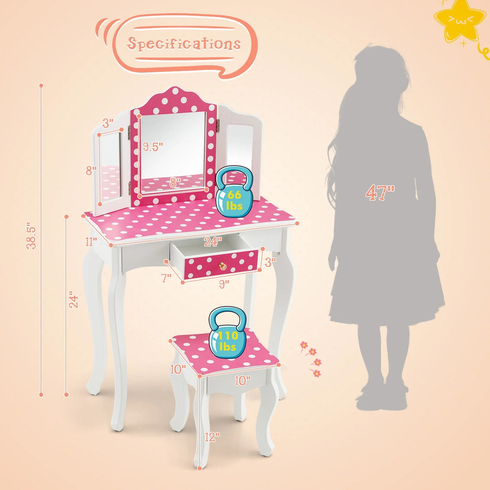 Kids Vanity Table And Stool Set, Polka Dot Print, Pink - Image 6