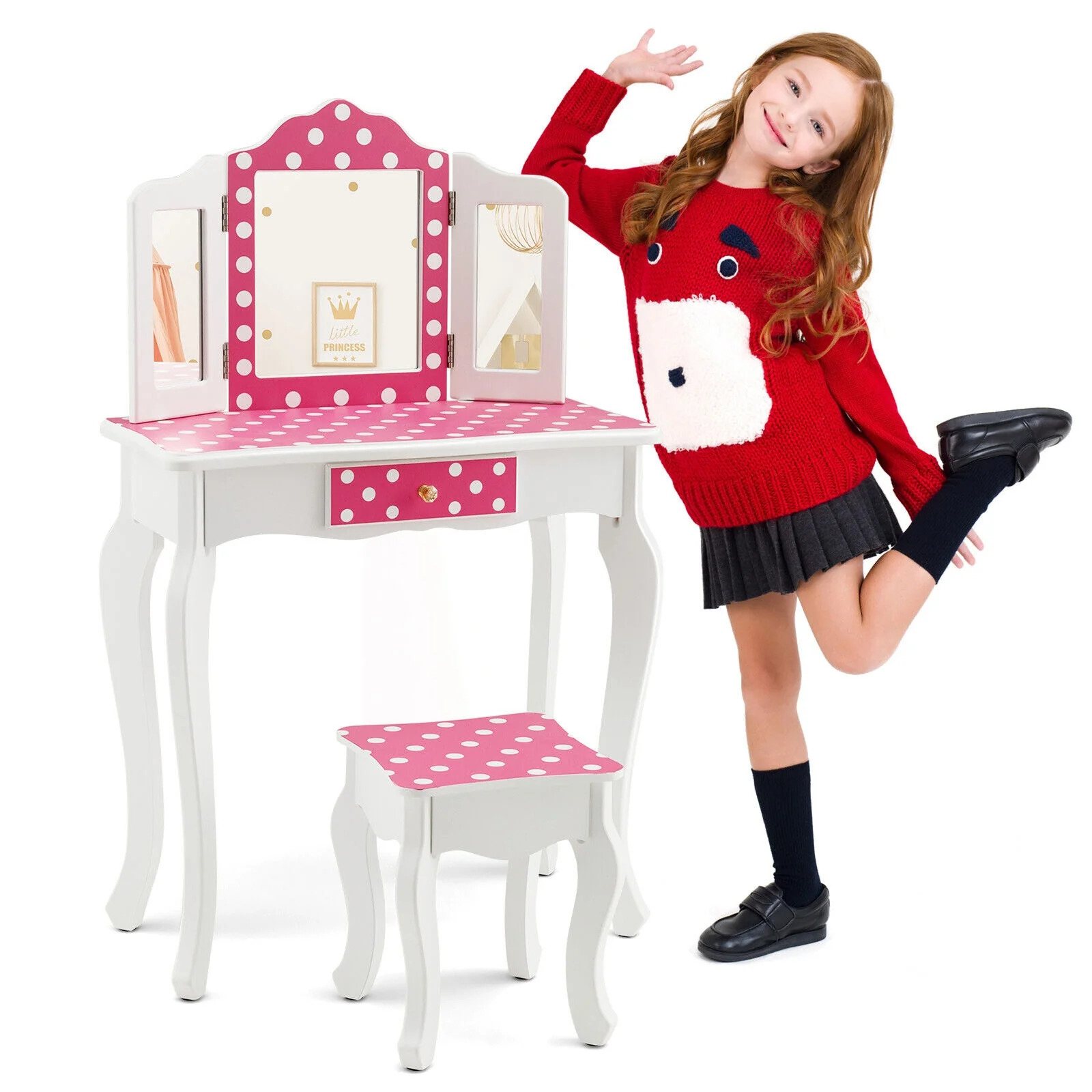 Kids Vanity Table And Stool Set, Polka Dot Print, Pink - Image 7