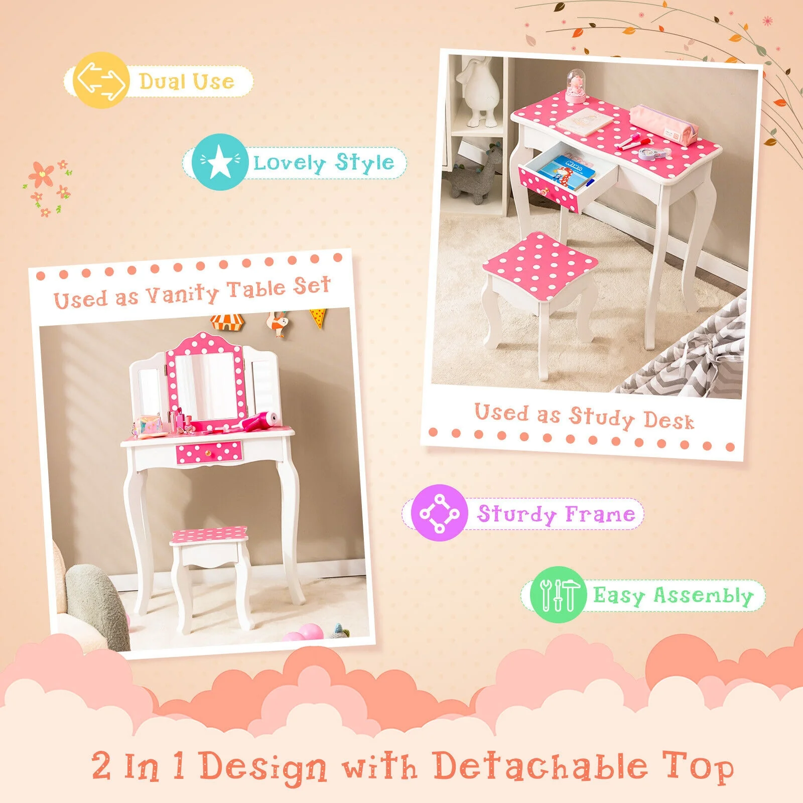 Kids Vanity Table And Stool Set, Polka Dot Print, Pink - Image 8