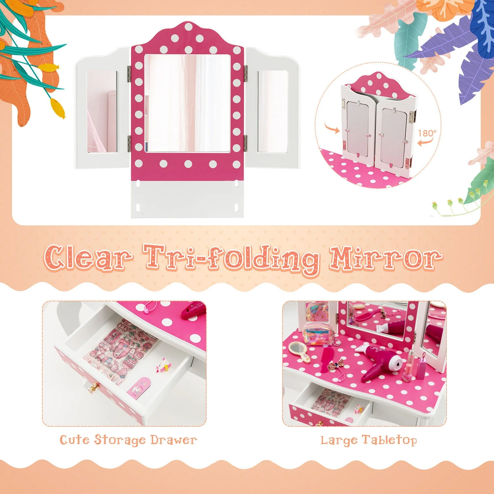 Kids Vanity Table And Stool Set, Polka Dot Print, Pink - Image 9