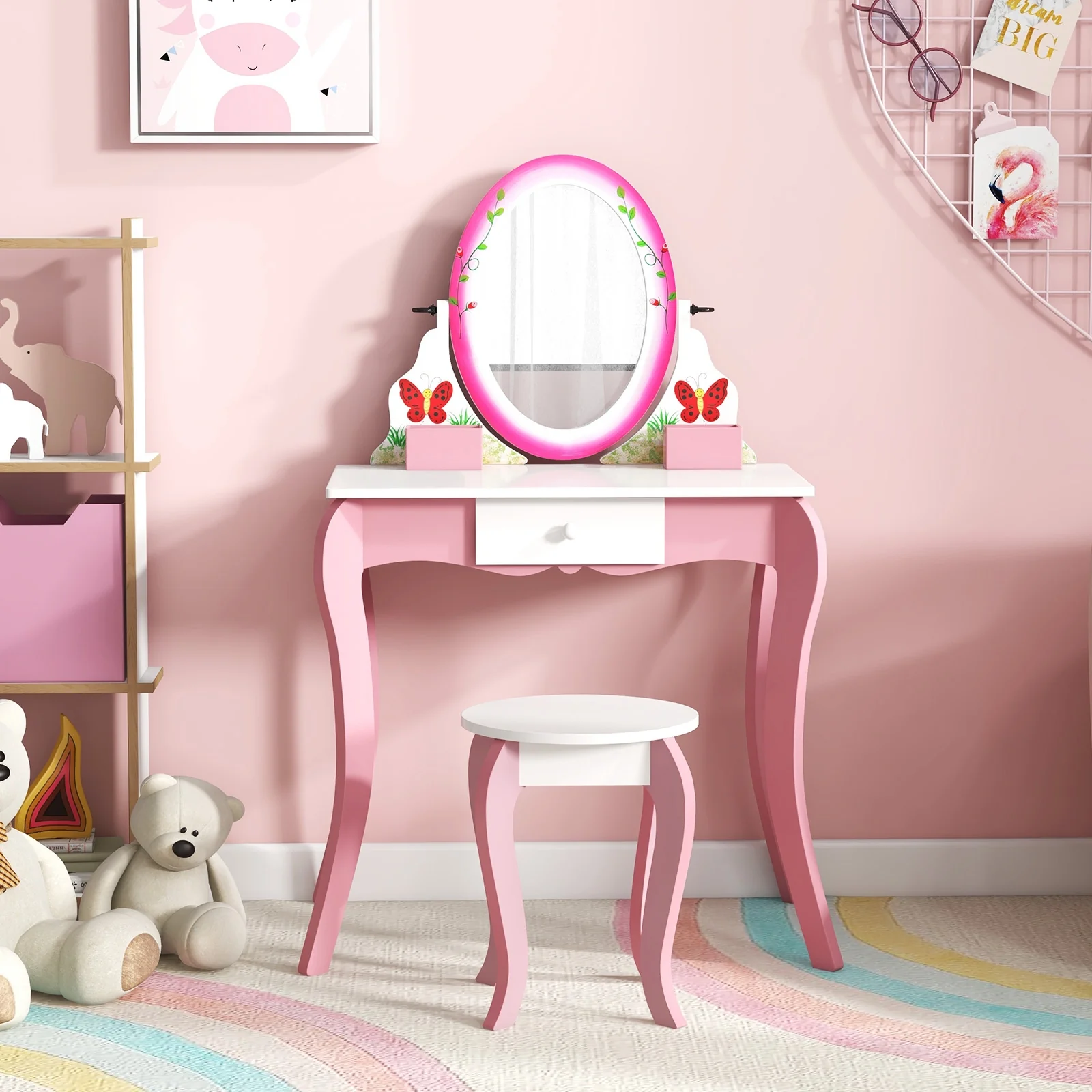 Kids Vanity Table And Stool Set, With Rotating Mirror And Whiteboard, Pink - Image 7