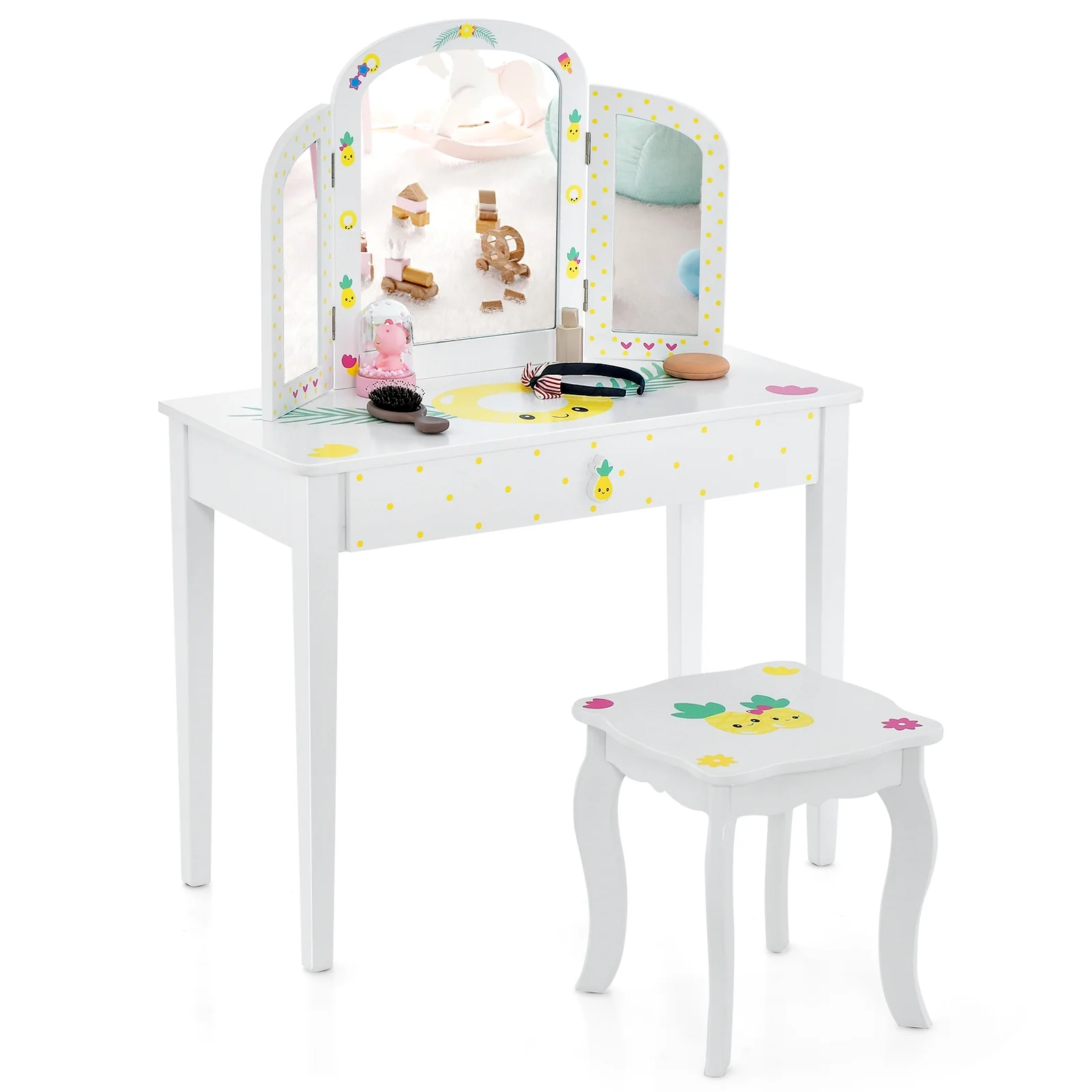 Kids Vanity Table Set, Tri-Folding Mirror, Large Drawer, White