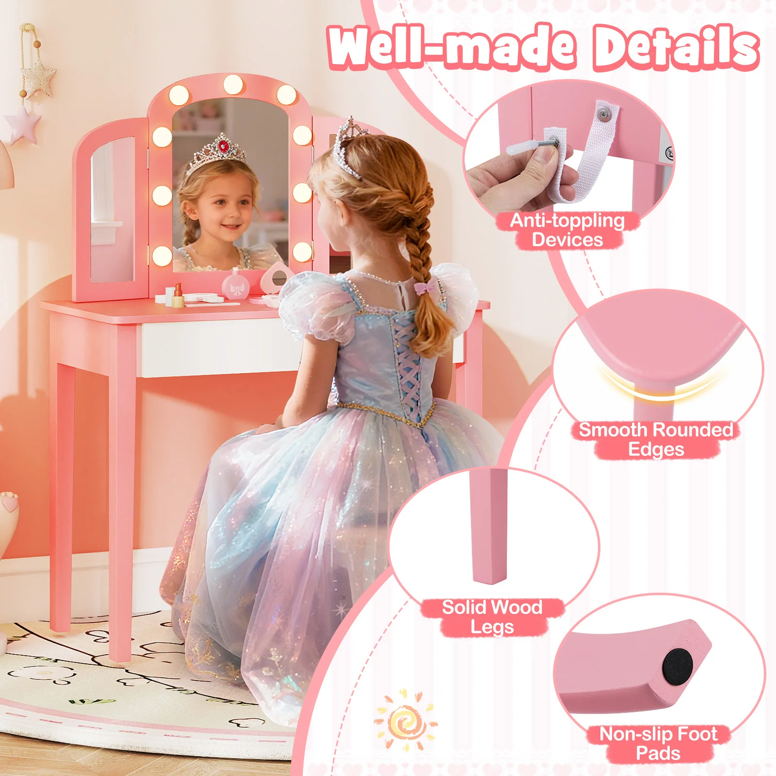 Kids Vanity Table Set, Tri-Folding Mirror With Lights, Pink - Image 10