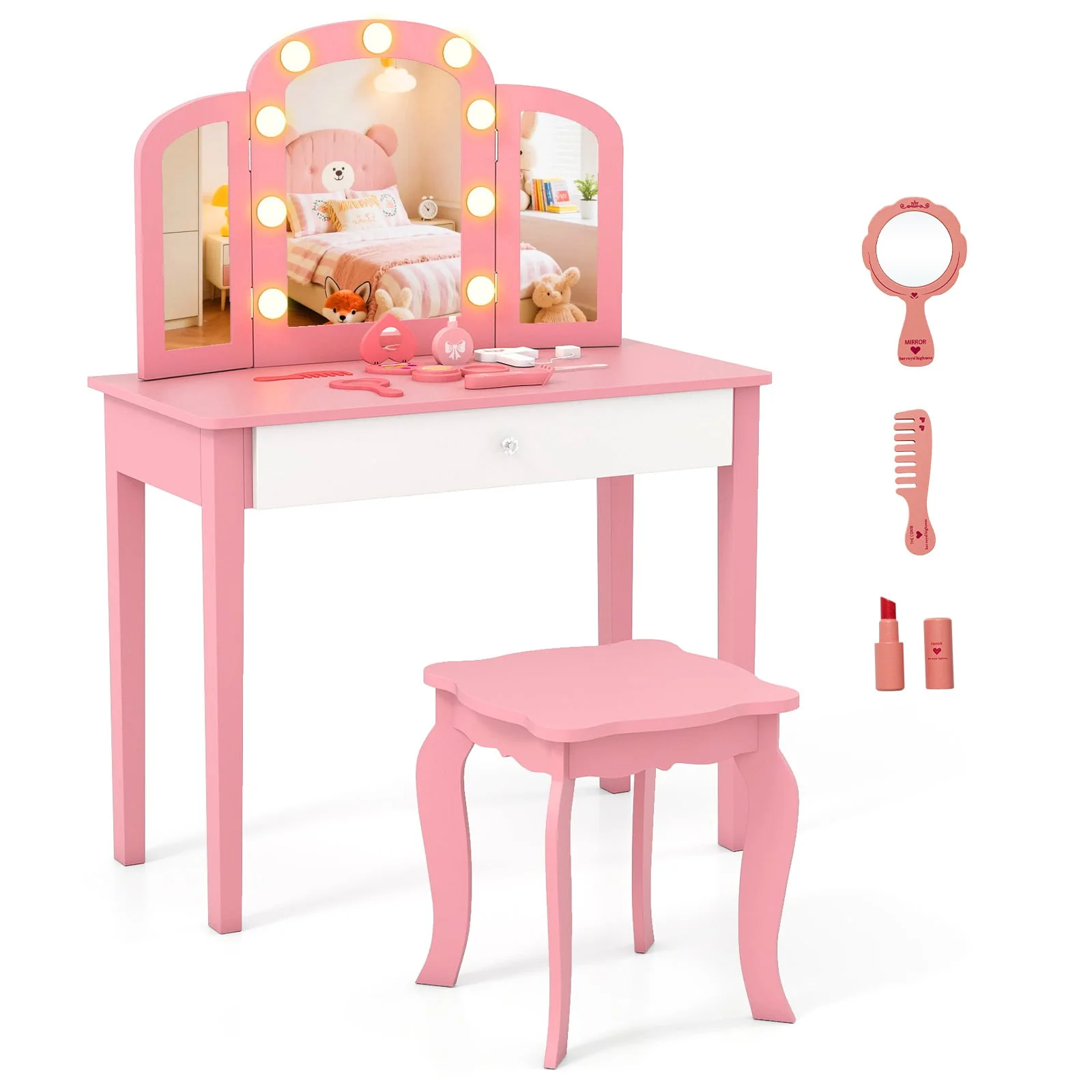 Kids Vanity Table Set, Tri-Folding Mirror With Lights, Pink - Image 4