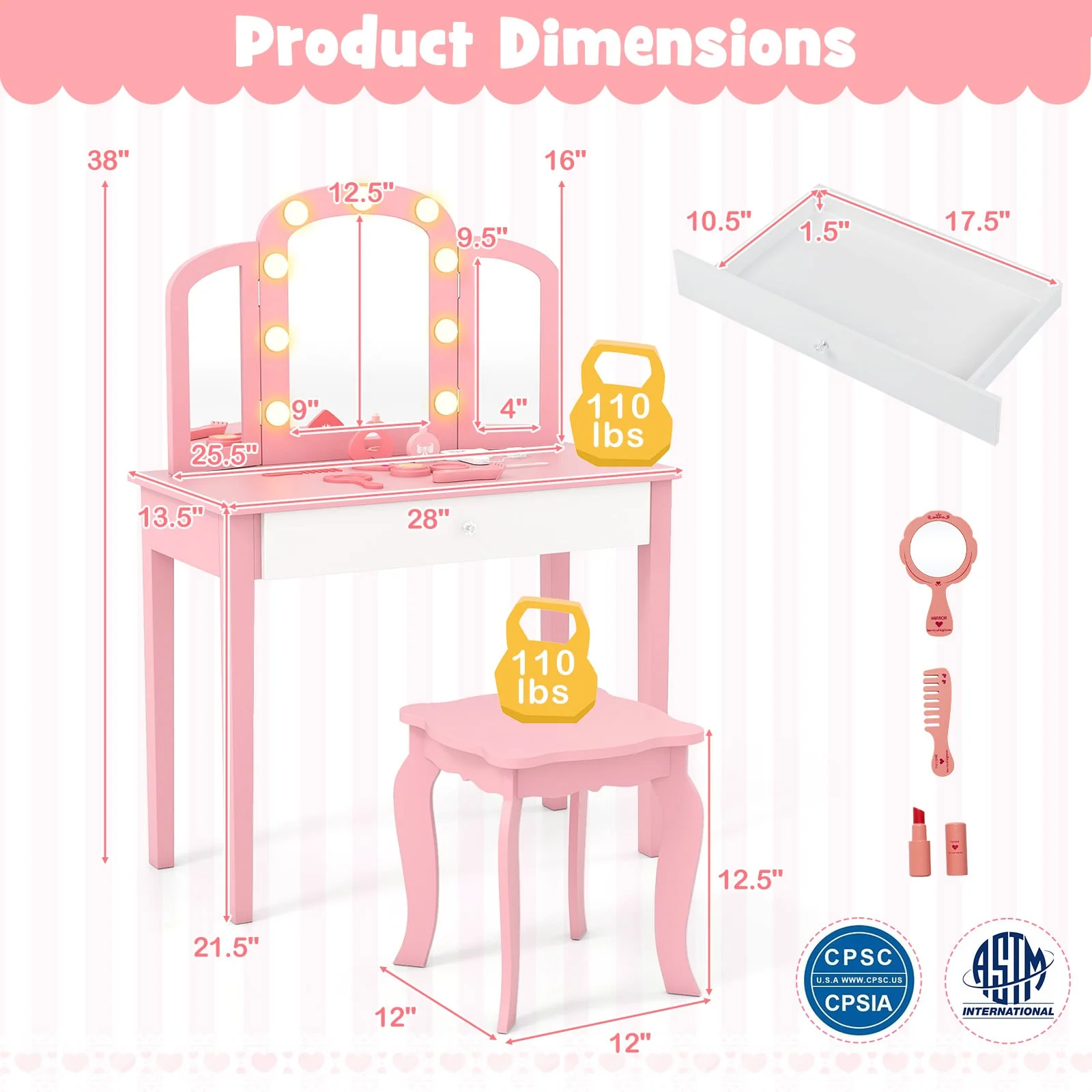 Kids Vanity Table Set, Tri-Folding Mirror With Lights, Pink - Image 5