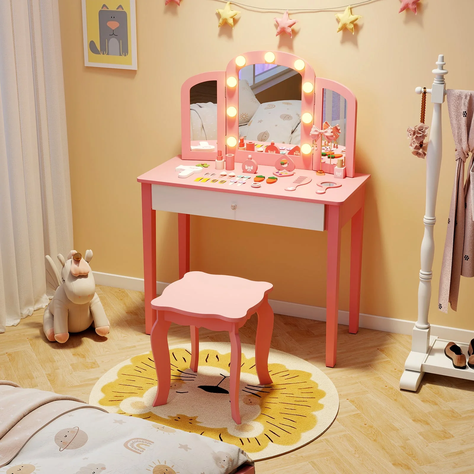 Kids Vanity Table Set, Tri-Folding Mirror With Lights, Pink - Image 6