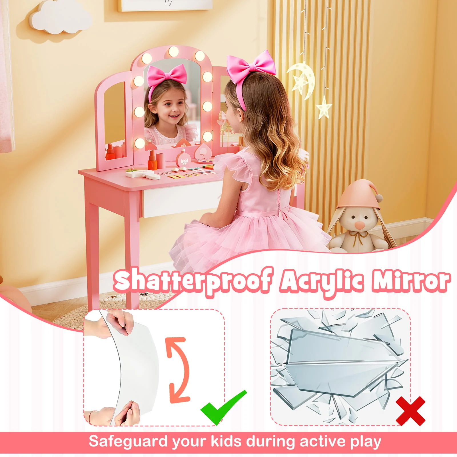 Kids Vanity Table Set, Tri-Folding Mirror With Lights, Pink - Image 8