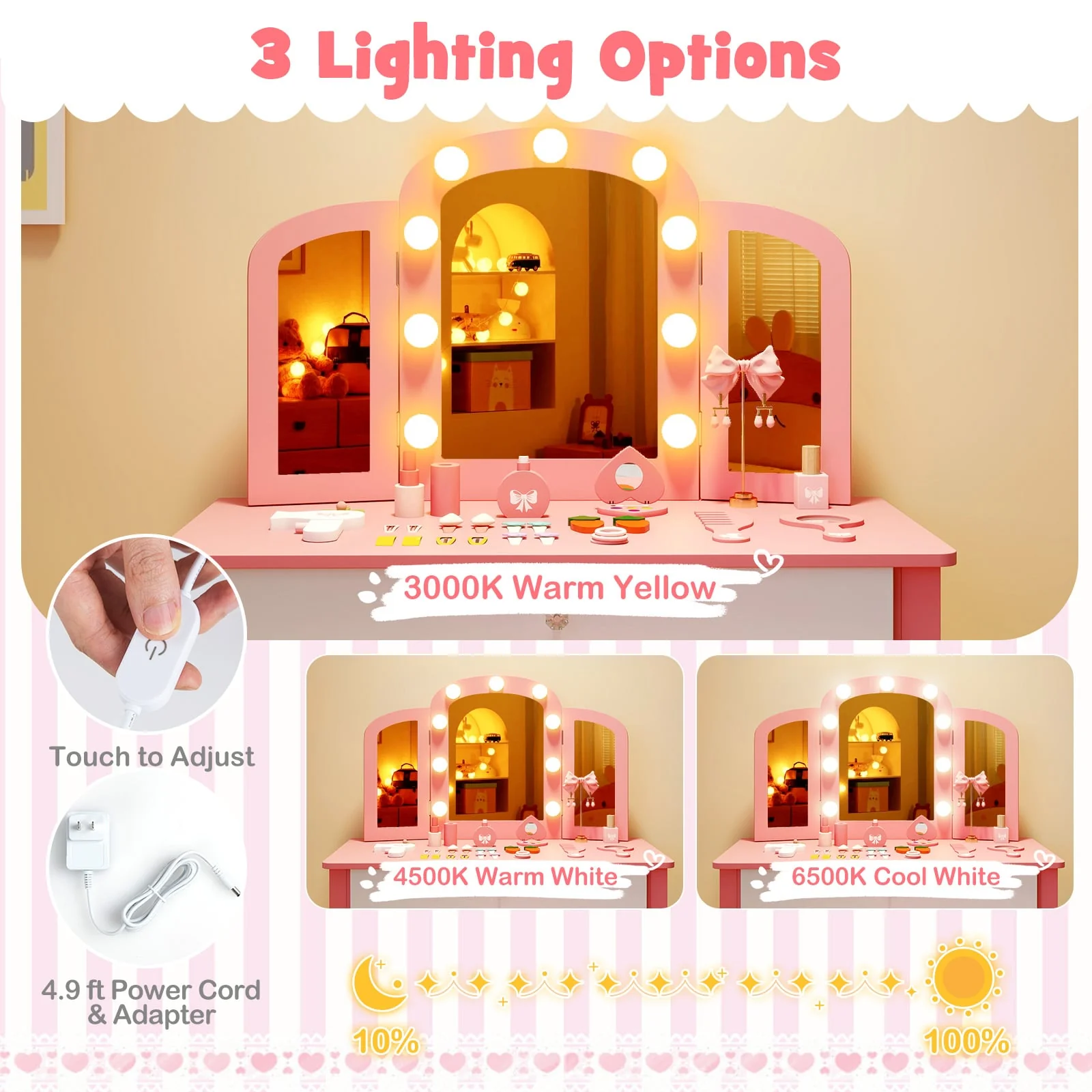 Kids Vanity Table Set, Tri-Folding Mirror With Lights, Pink - Image 9