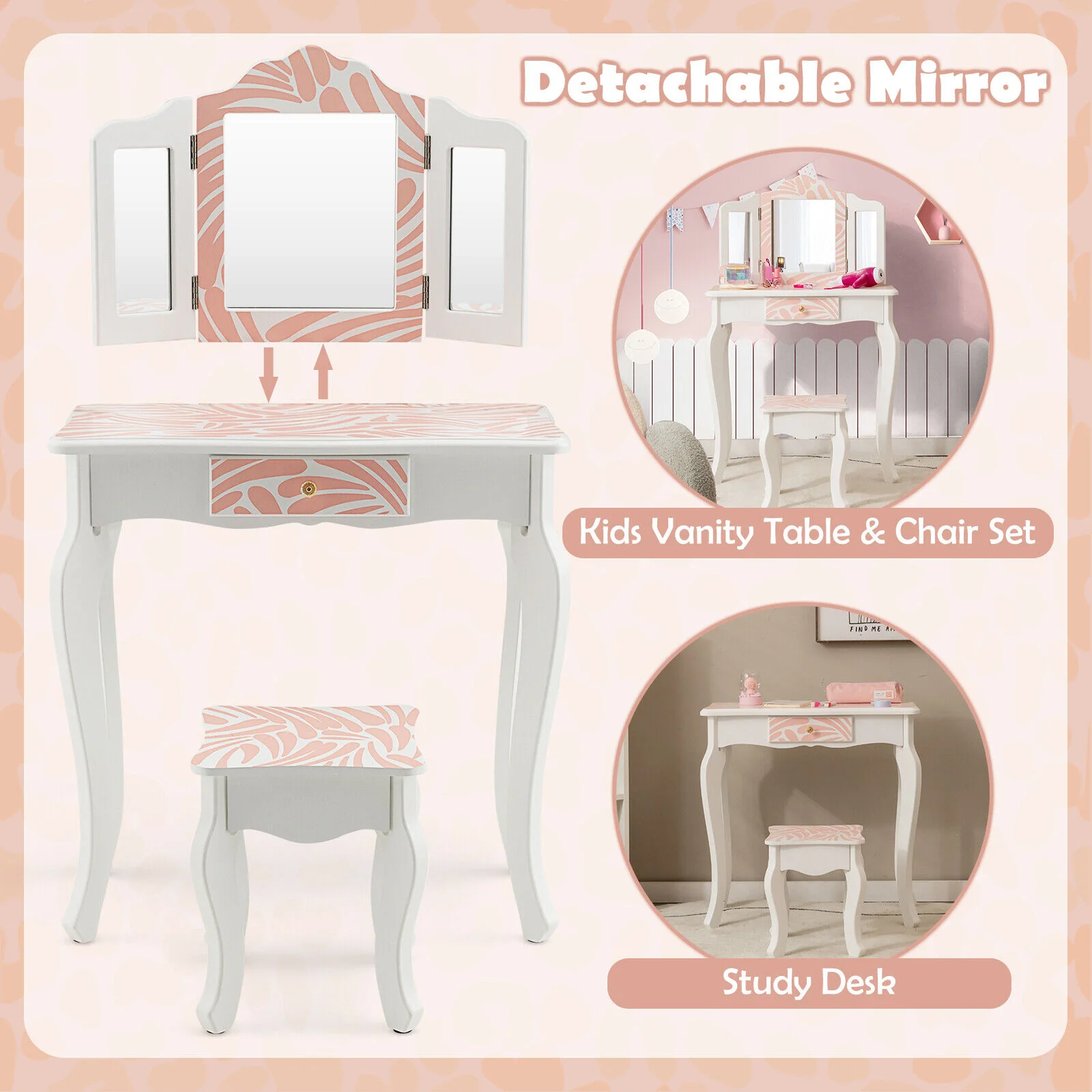 Kids Vanity Table Set With Tri-Folding Mirror, Pink - Image 10