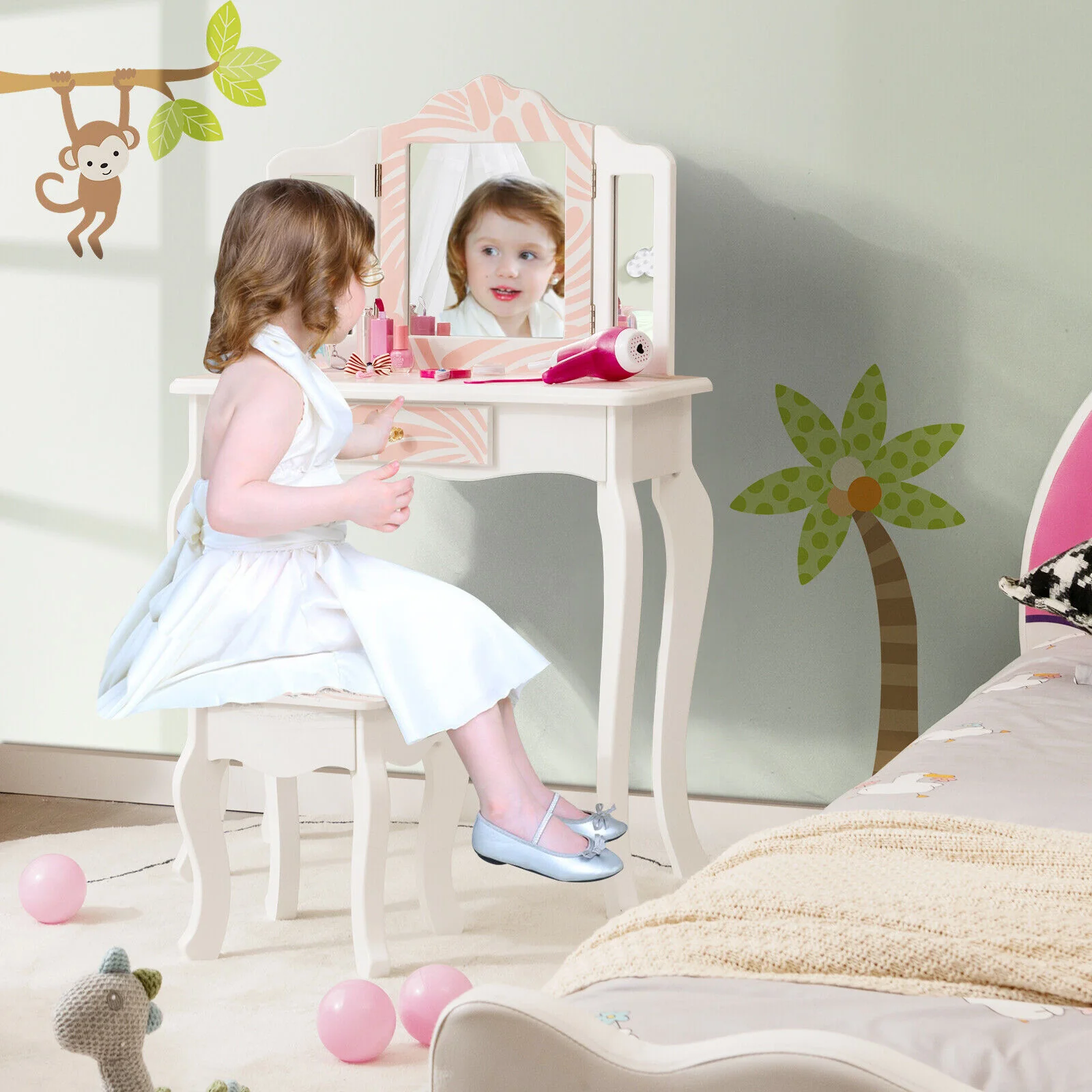 Kids Vanity Table Set With Tri-Folding Mirror, Pink - Image 2