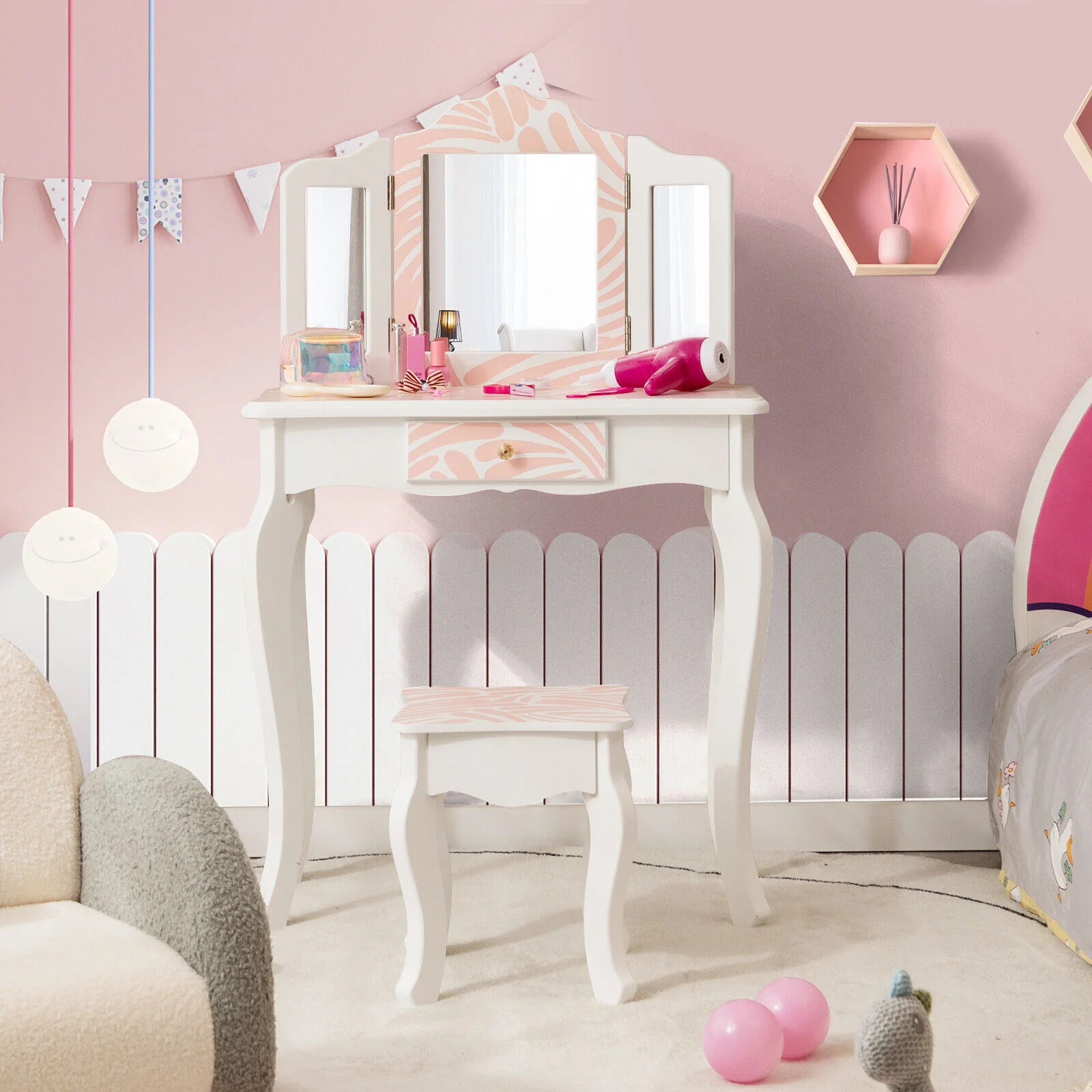 Kids Vanity Table Set With Tri-Folding Mirror, Pink - Image 3