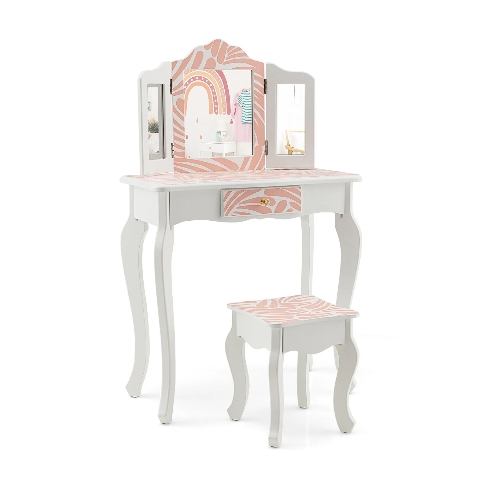 Kids Vanity Table Set With Tri-Folding Mirror, Pink - Image 4