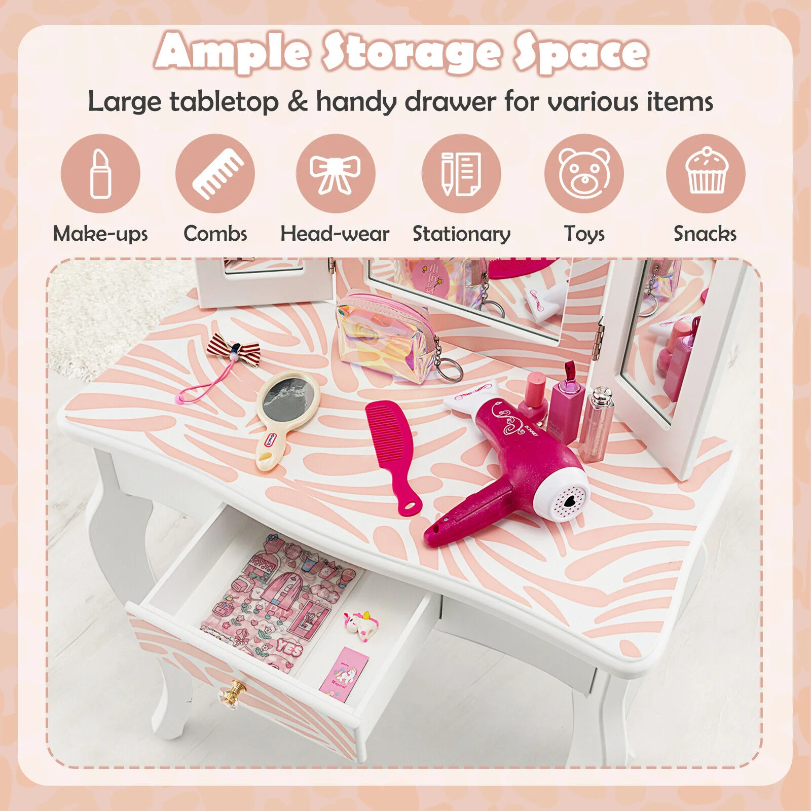 Kids Vanity Table Set With Tri-Folding Mirror, Pink - Image 7