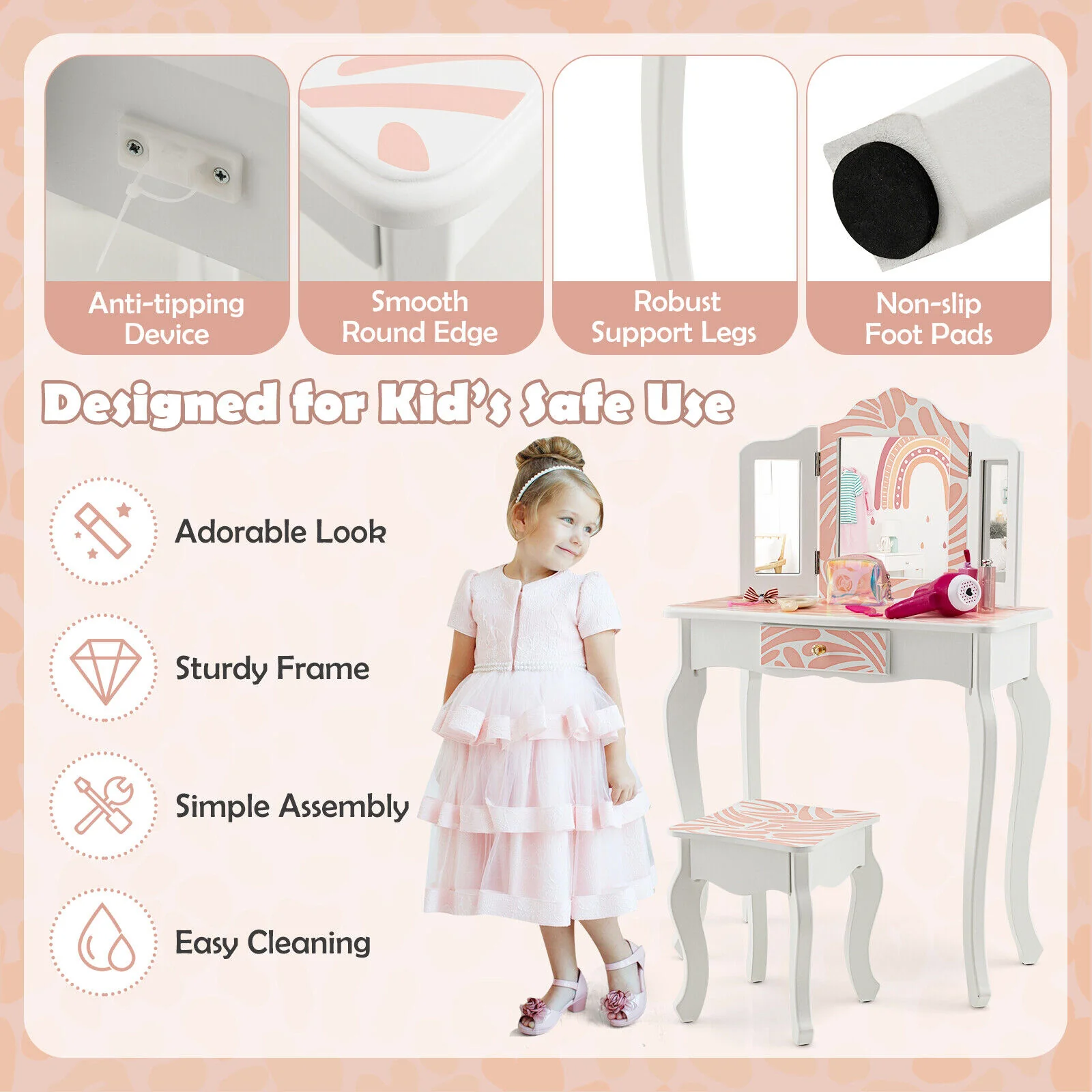 Kids Vanity Table Set With Tri-Folding Mirror, Pink - Image 8