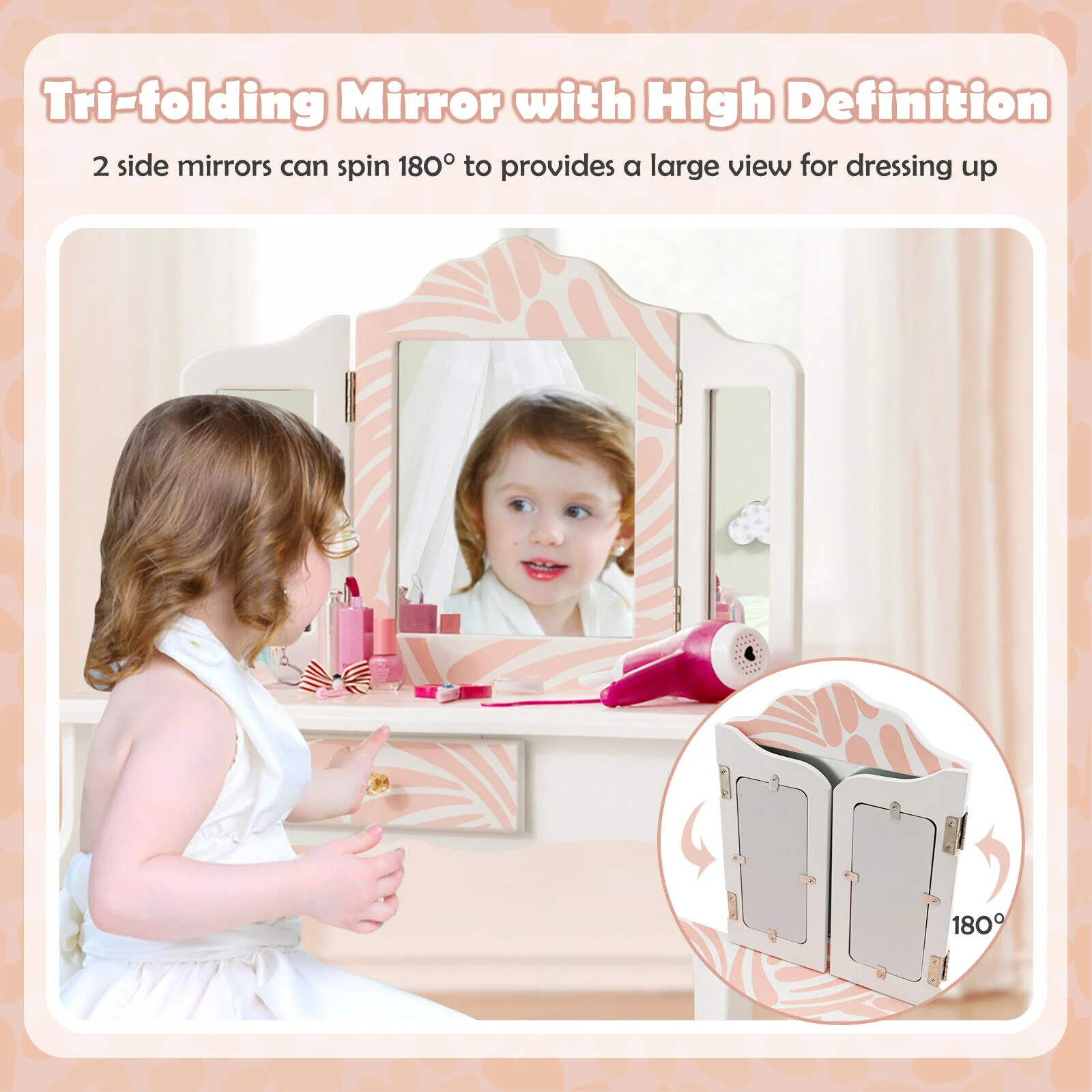 Kids Vanity Table Set With Tri-Folding Mirror, Pink - Image 9